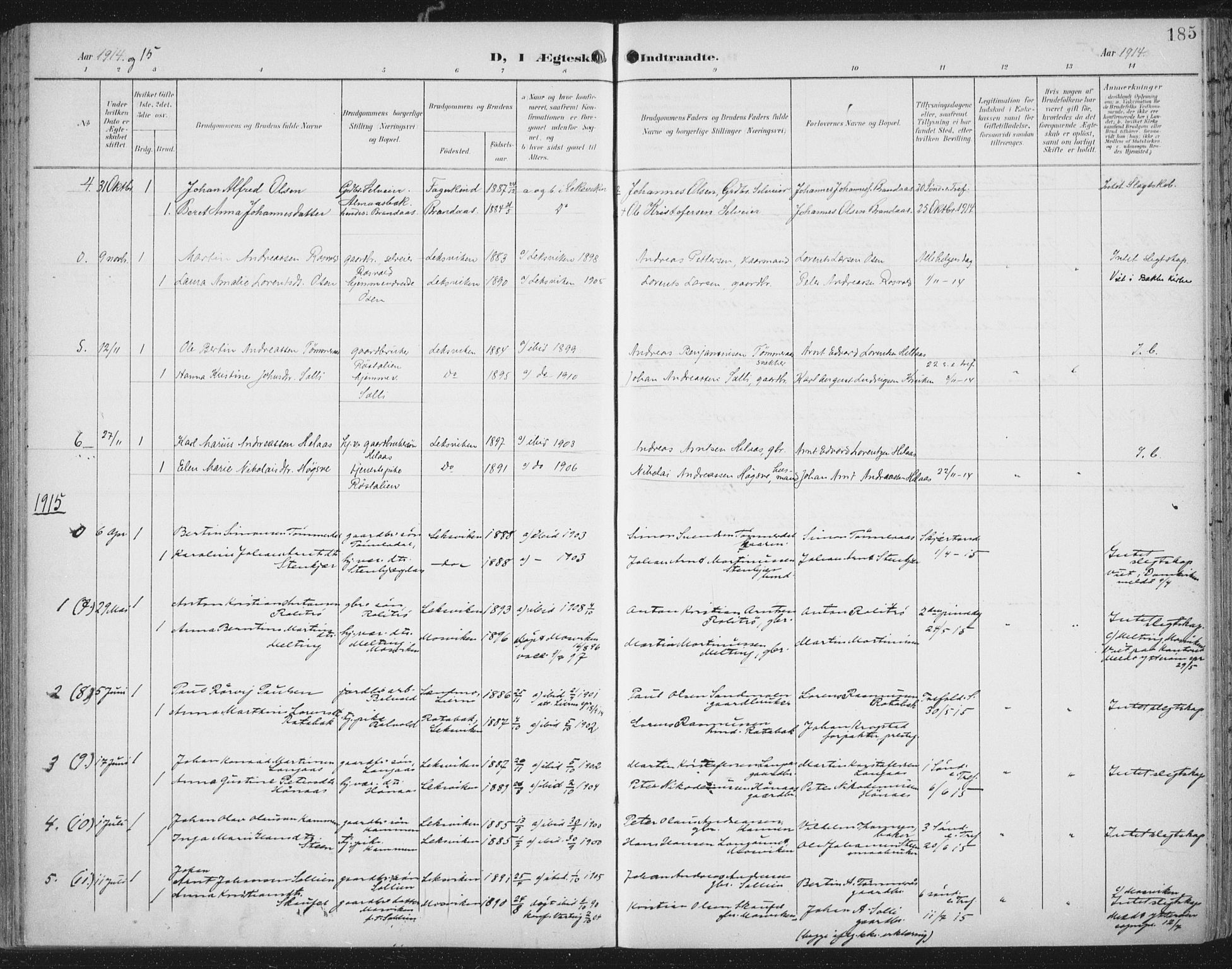 Ministerialprotokoller, klokkerbøker og fødselsregistre - Nord-Trøndelag, SAT/A-1458/701/L0011: Parish register (official) no. 701A11, 1899-1915, p. 185