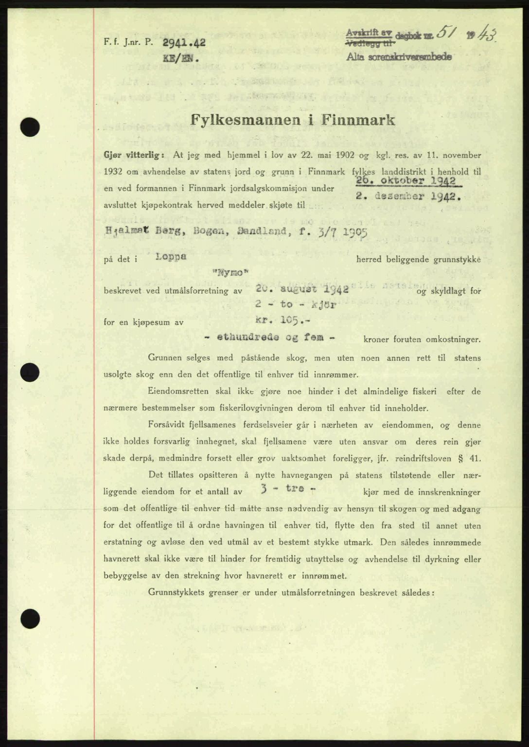 Alta fogderi/sorenskriveri, SATØ/SATØ-5/1/K/Kd/L0033pantebok: Mortgage book no. 33, 1940-1943, Diary no: : 51/1943