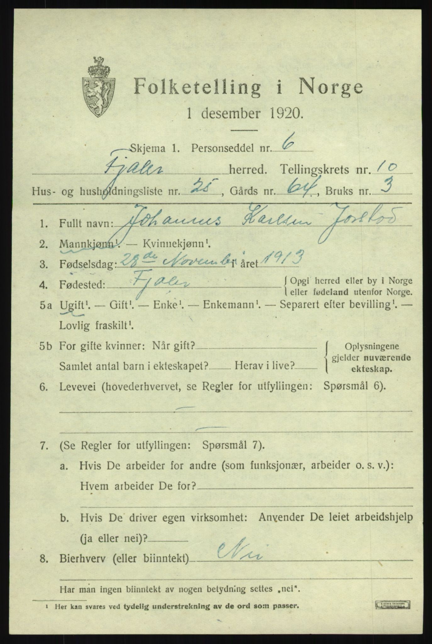 SAB, 1920 census for Fjaler, 1920, p. 5233