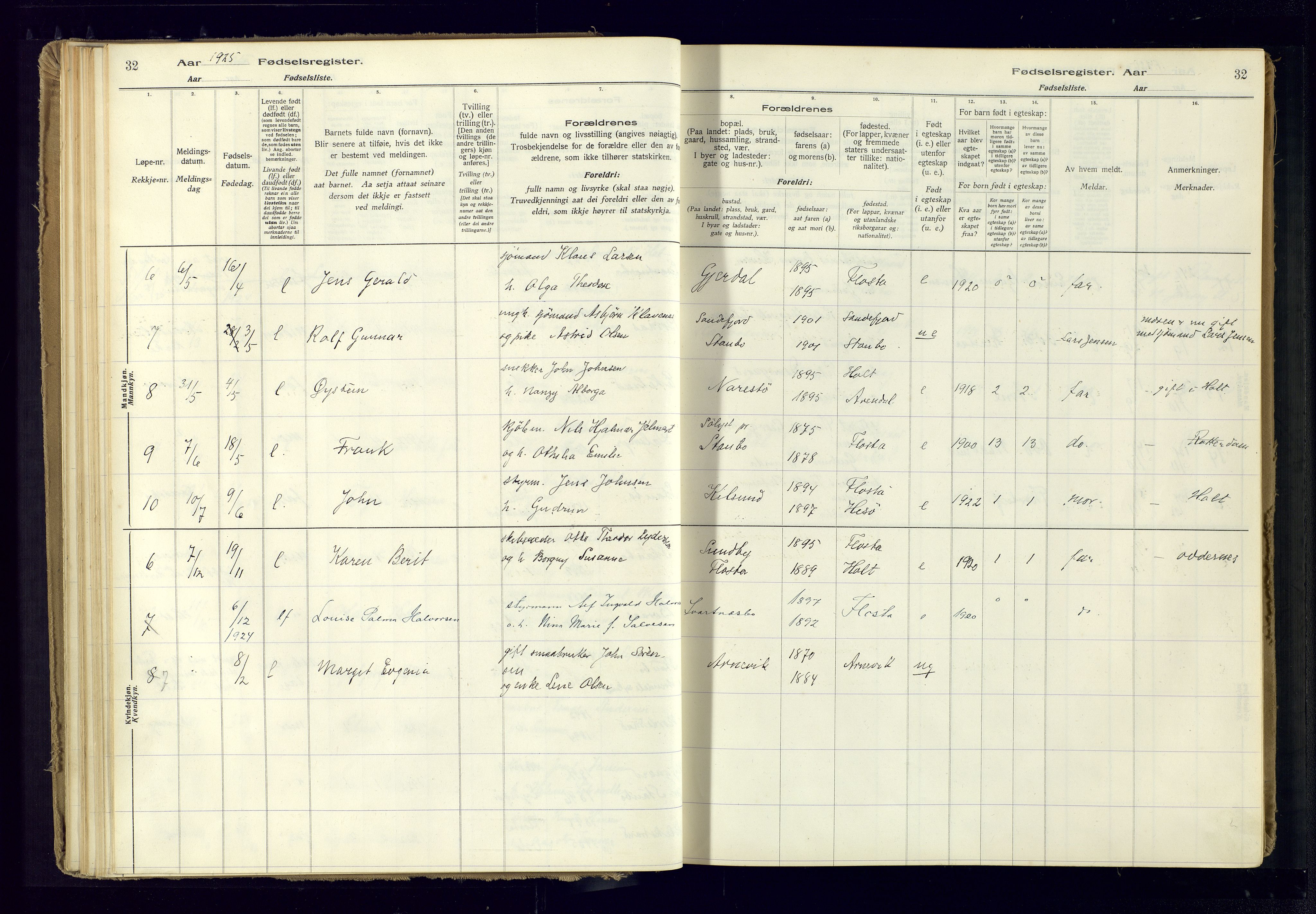 Austre Moland sokneprestkontor, SAK/1111-0001/J/Ja/L0005: Birth register no. A-VI-29, 1916-1982, p. 32