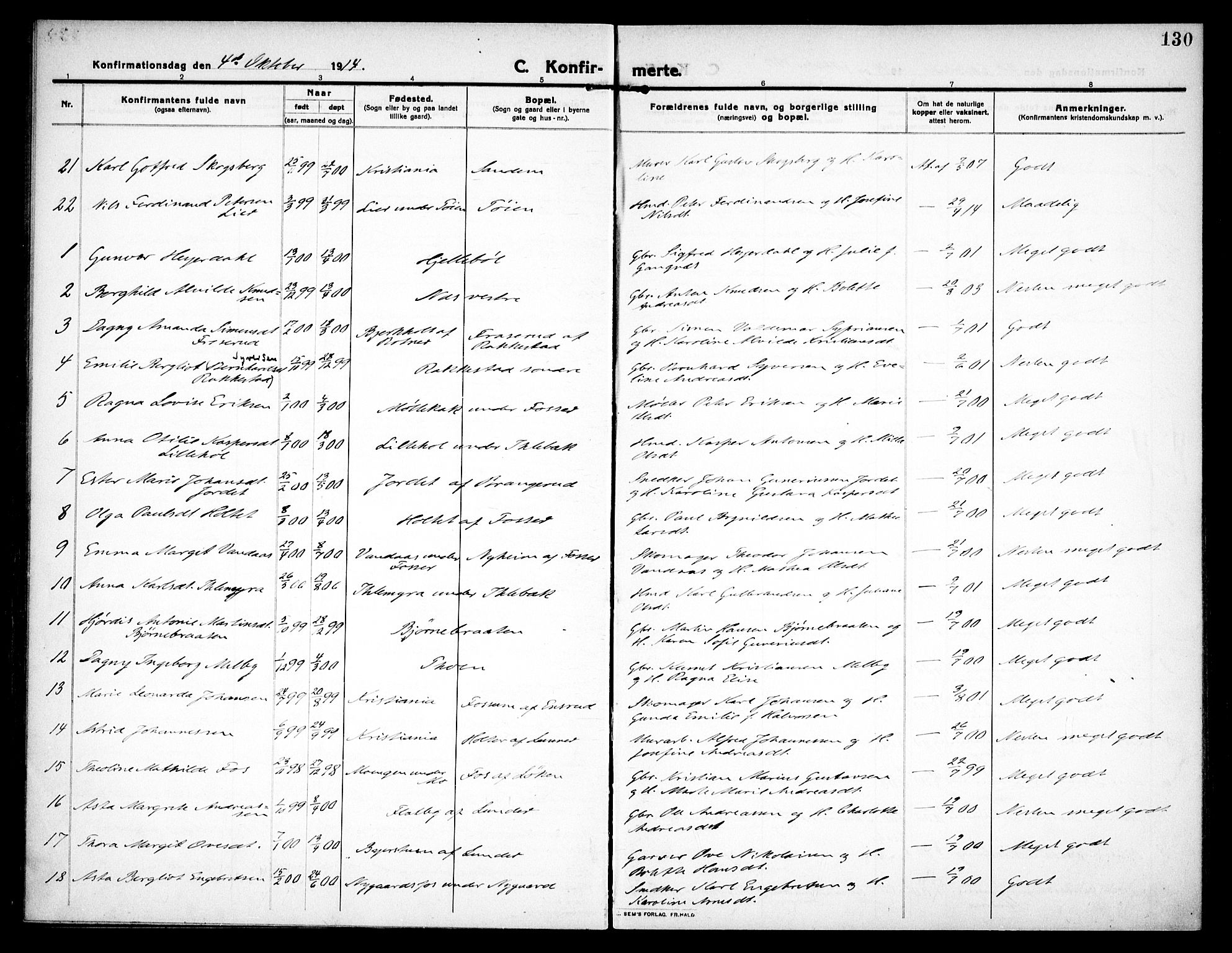Høland prestekontor Kirkebøker, SAO/A-10346a/F/Fa/L0016: Parish register (official) no. I 16, 1912-1921, p. 130