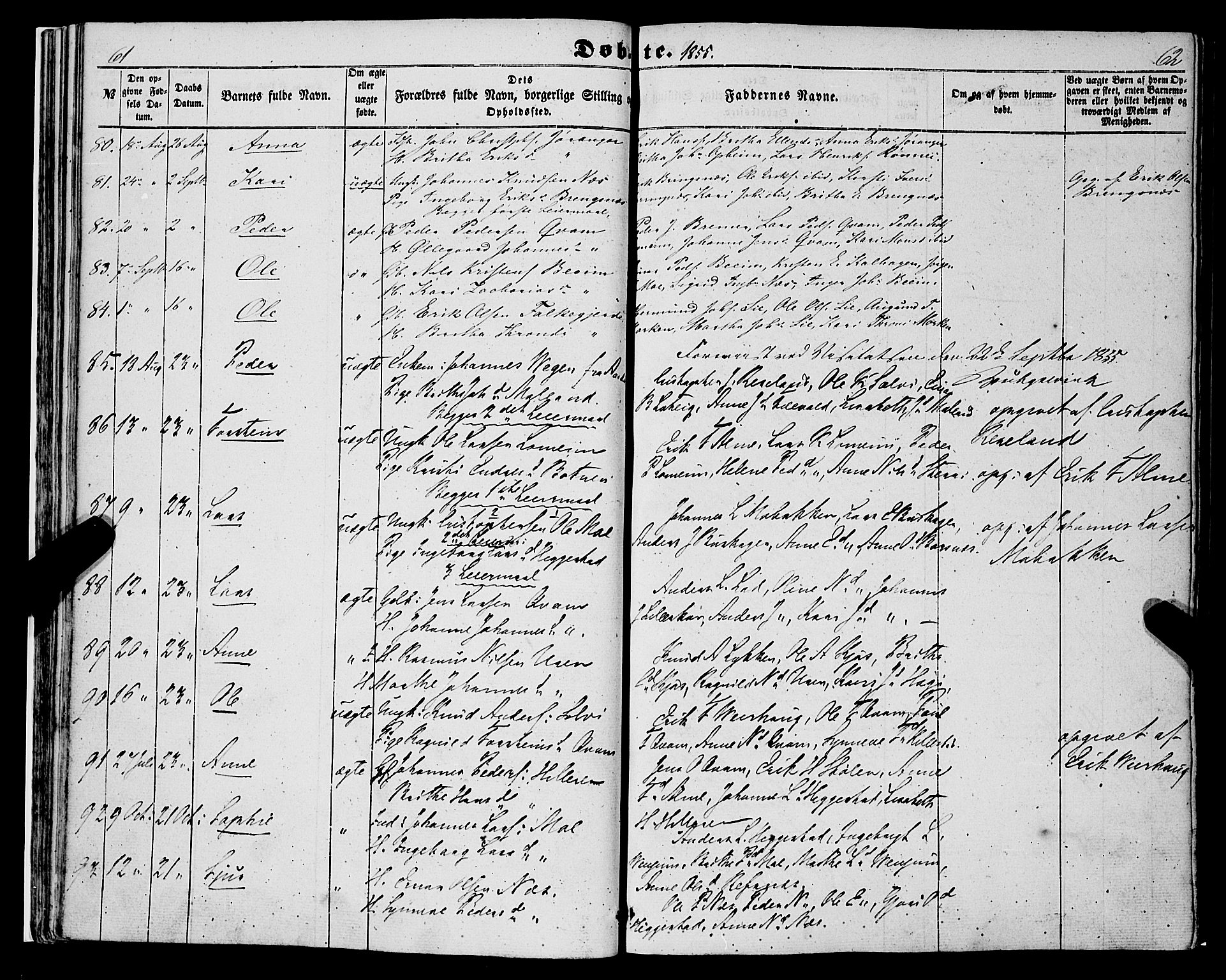 Hafslo sokneprestembete, SAB/A-80301/H/Haa/Haaa/L0009: Parish register (official) no. A 9, 1852-1873, p. 61-62