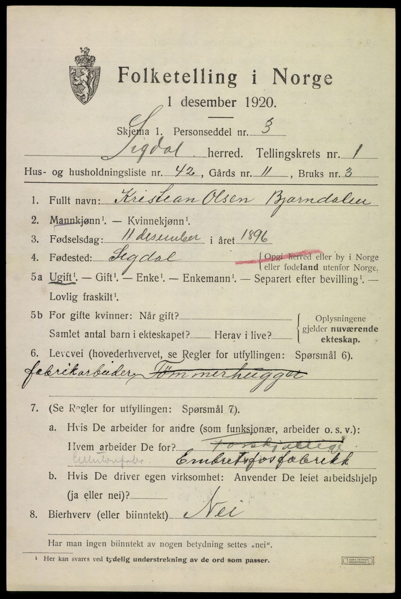 SAKO, 1920 census for Sigdal, 1920, p. 1906