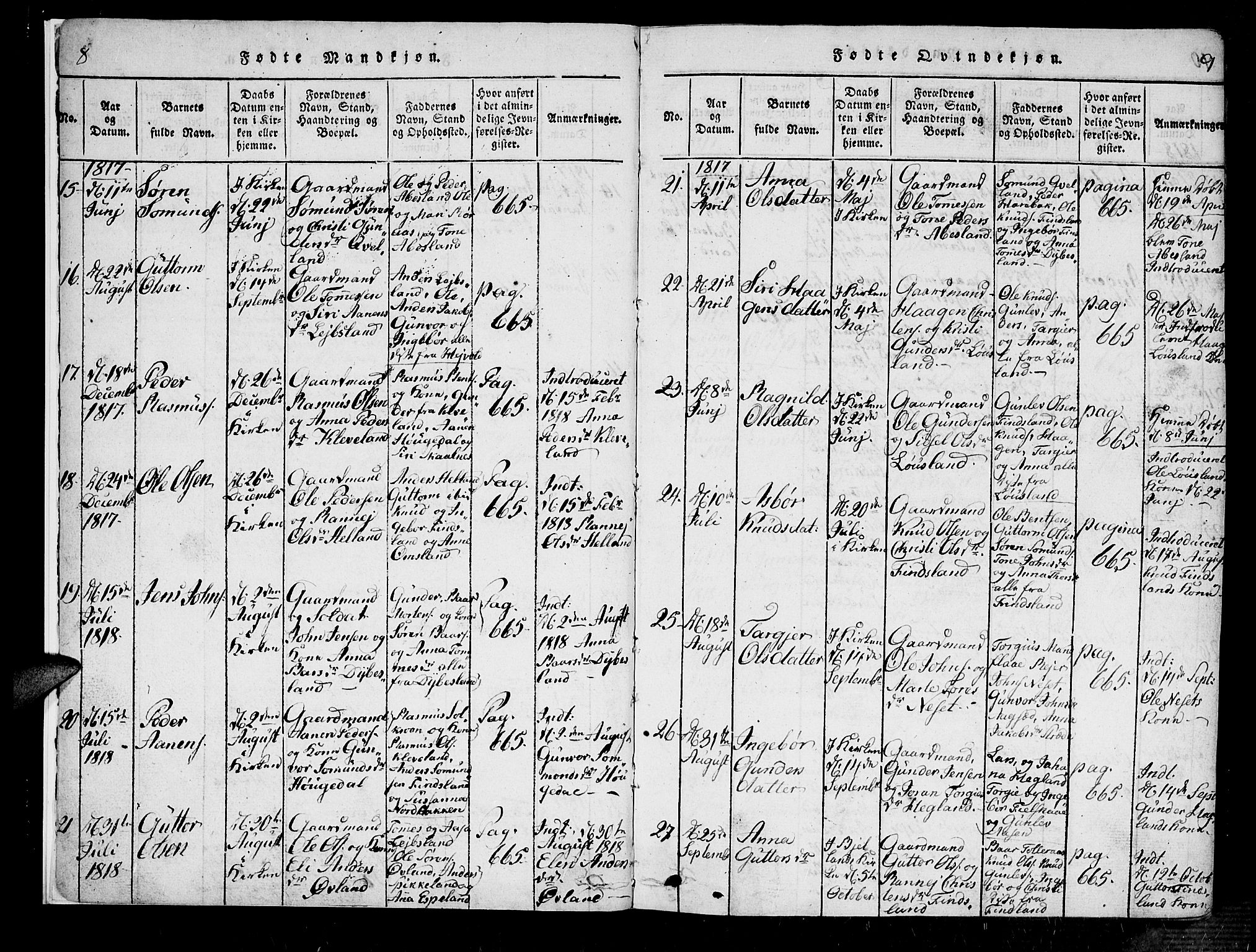 Bjelland sokneprestkontor, SAK/1111-0005/F/Fa/Fab/L0002: Parish register (official) no. A 2, 1816-1869, p. 8-9