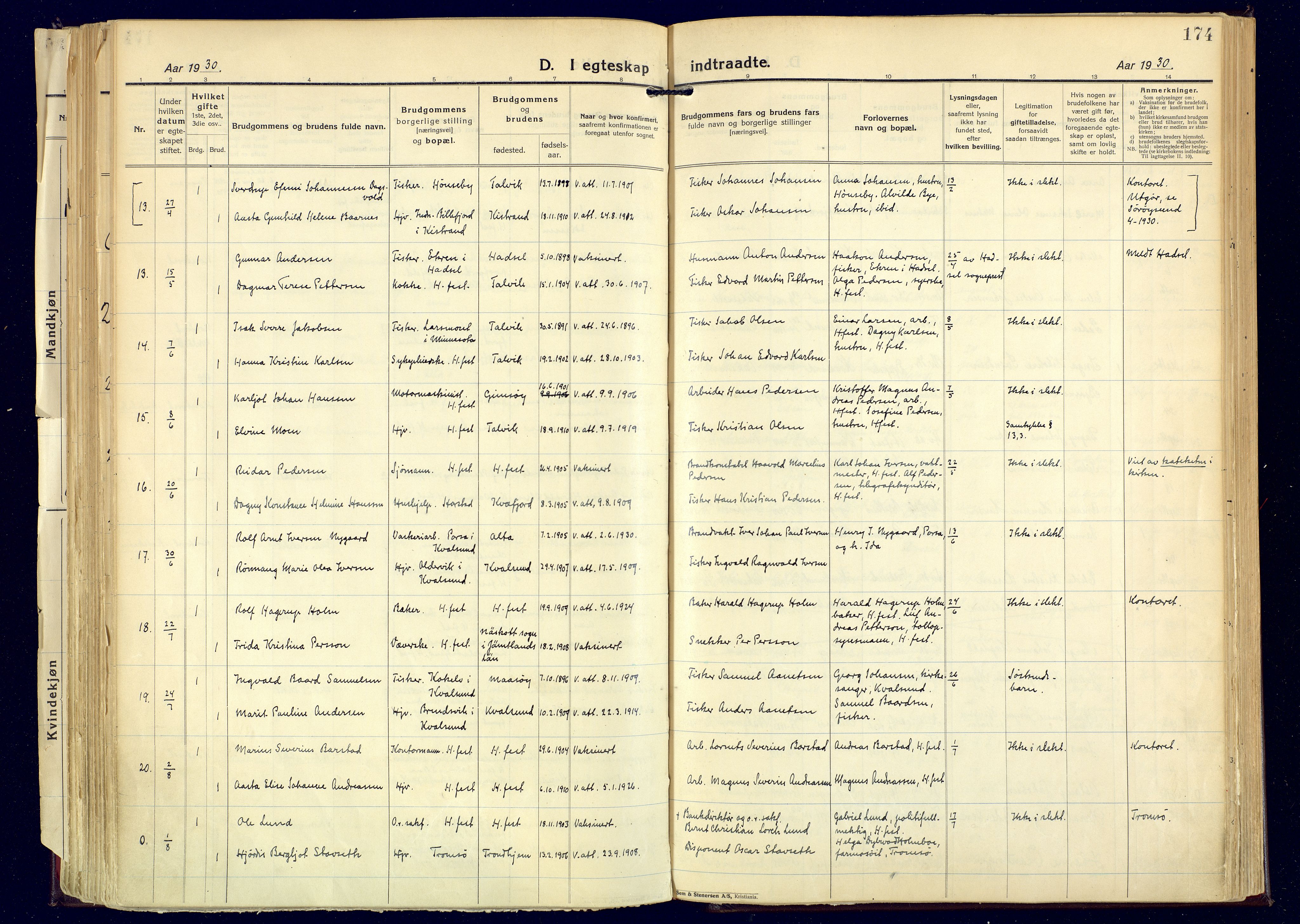 Hammerfest sokneprestkontor, AV/SATØ-S-1347/H/Ha/L0017.kirke: Parish register (official) no. 17, 1923-1933, p. 174