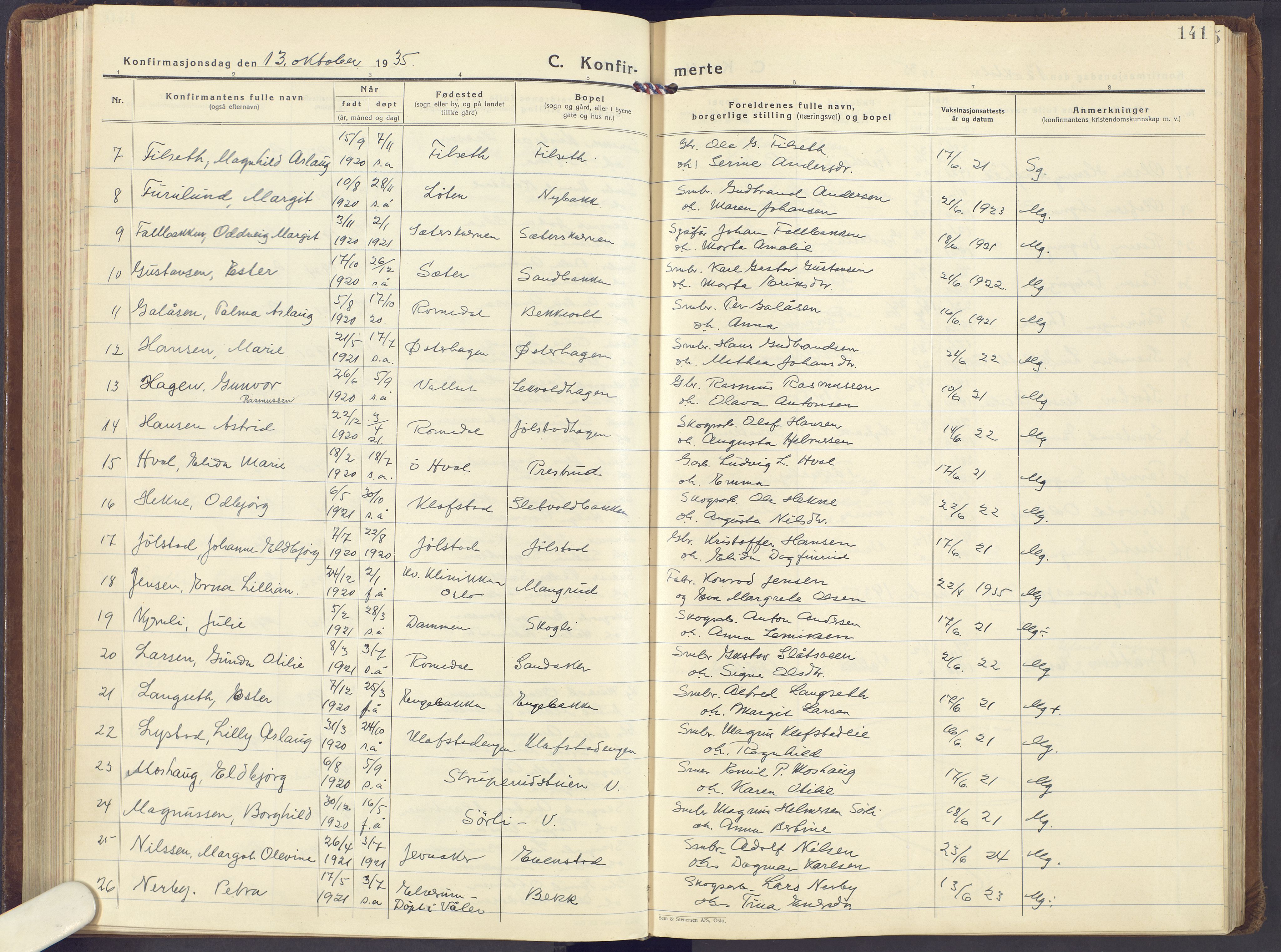 Romedal prestekontor, AV/SAH-PREST-004/K/L0013: Parish register (official) no. 13, 1930-1949, p. 141