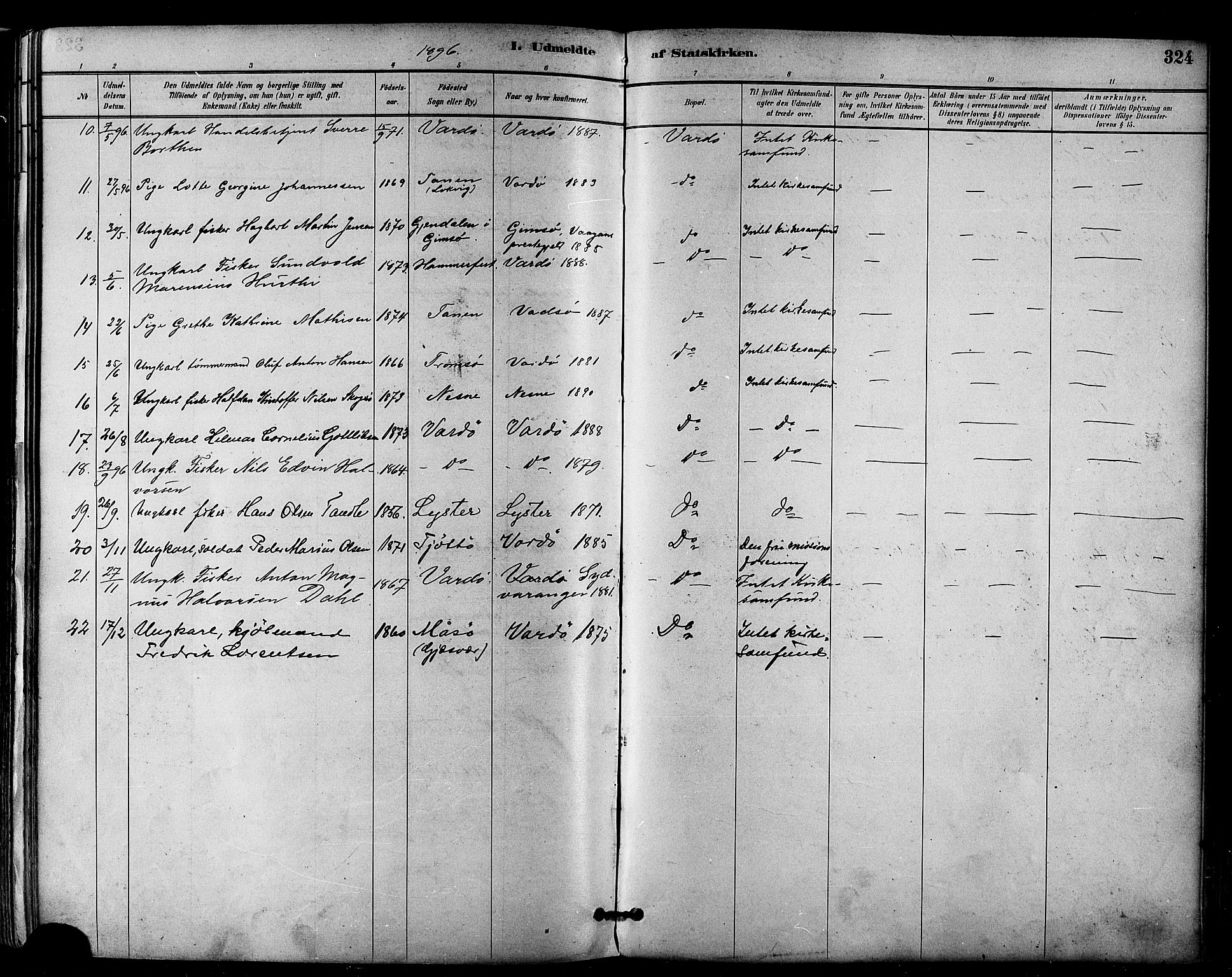 Vardø sokneprestkontor, AV/SATØ-S-1332/H/Ha/L0007kirke: Parish register (official) no. 7, 1886-1897, p. 324