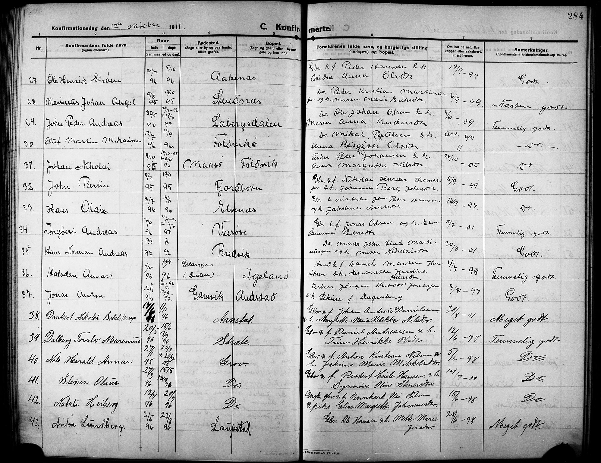 Ibestad sokneprestembete, SATØ/S-0077/H/Ha/Hab/L0009klokker: Parish register (copy) no. 9, 1902-1914, p. 284