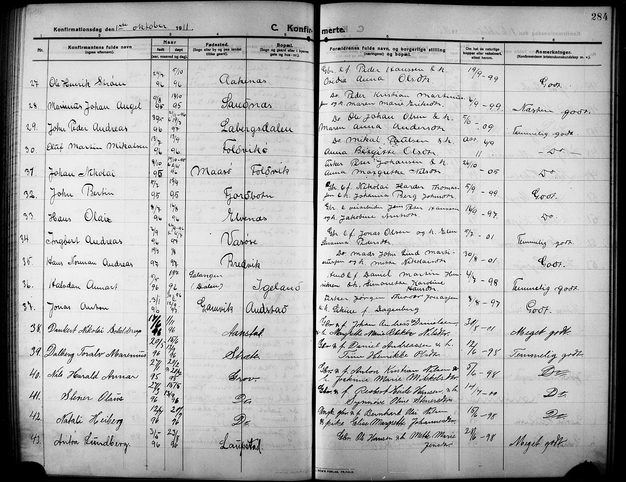 Ibestad sokneprestembete, AV/SATØ-S-0077/H/Ha/Hab/L0009klokker: Parish register (copy) no. 9, 1902-1914, p. 284
