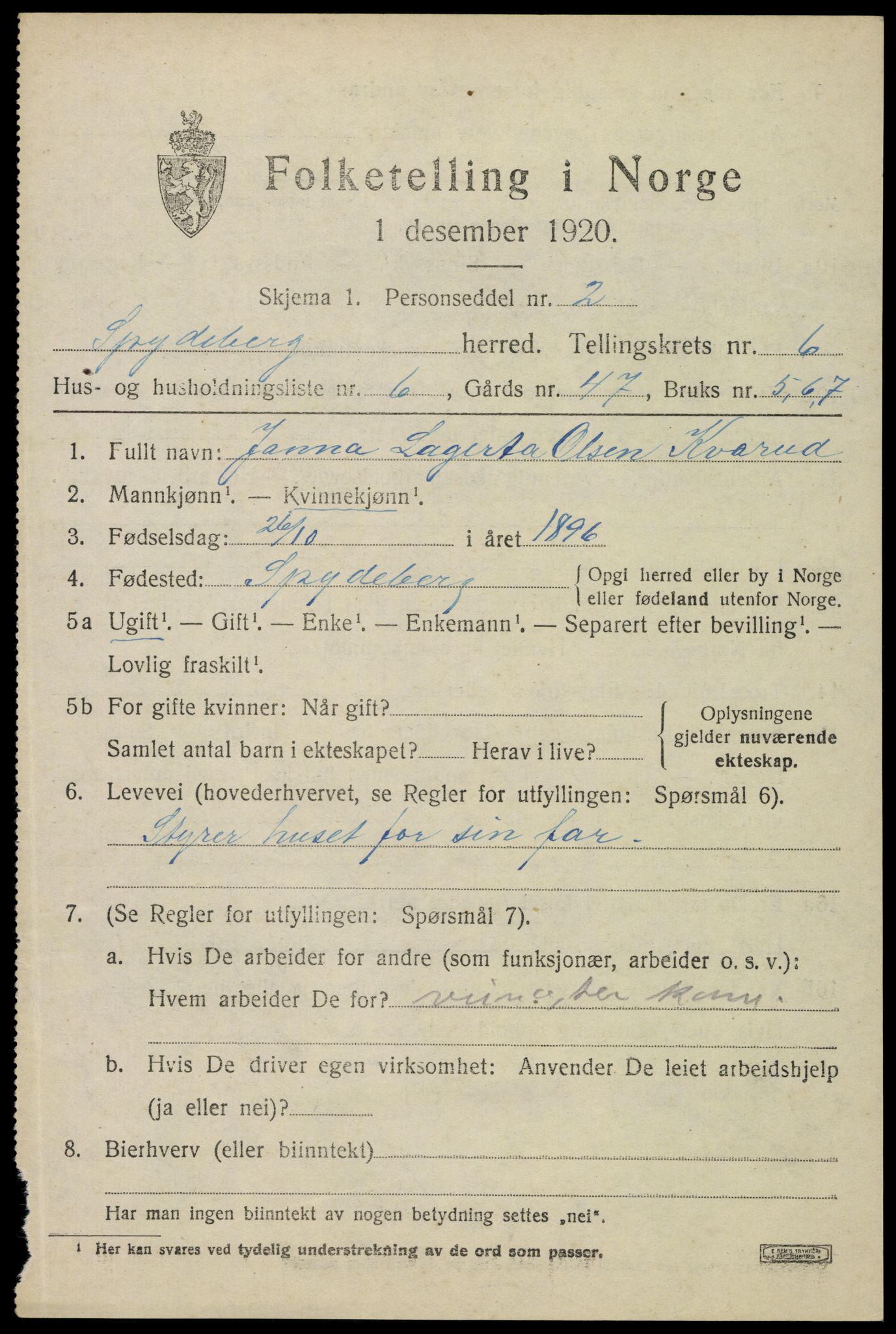 SAO, 1920 census for Spydeberg, 1920, p. 7043