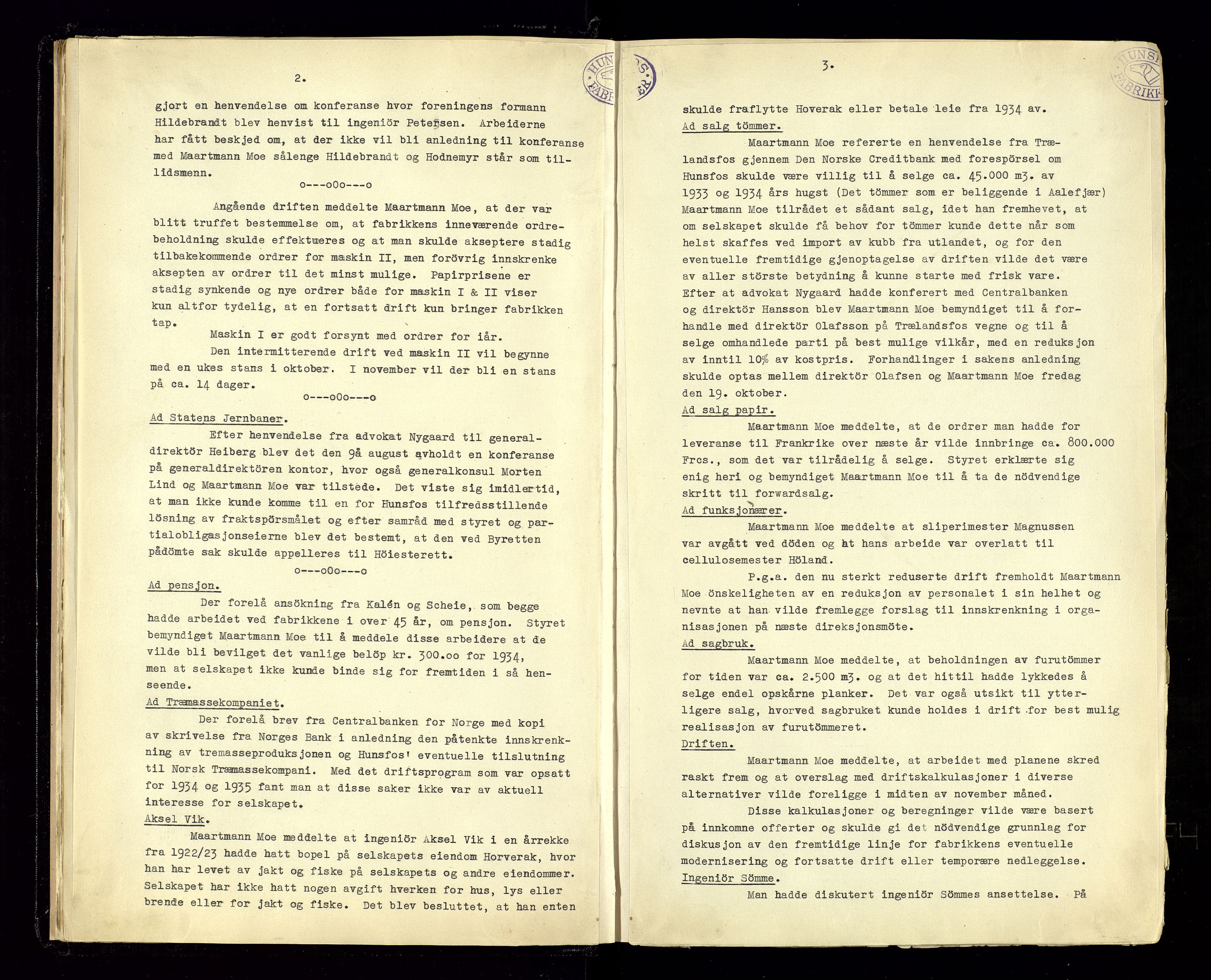 Hunsfos fabrikker, SAK/D/1440/02/L0005: Referatprotokoll fra styremøter, 1934-1938, p. 11