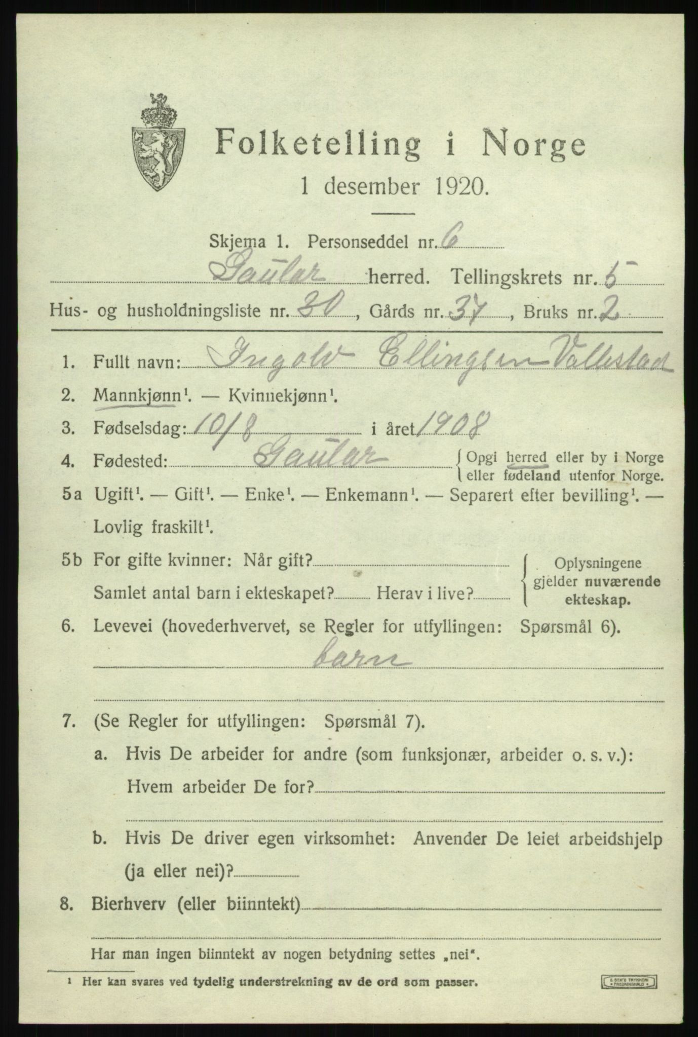 SAB, 1920 census for Gaular, 1920, p. 2854