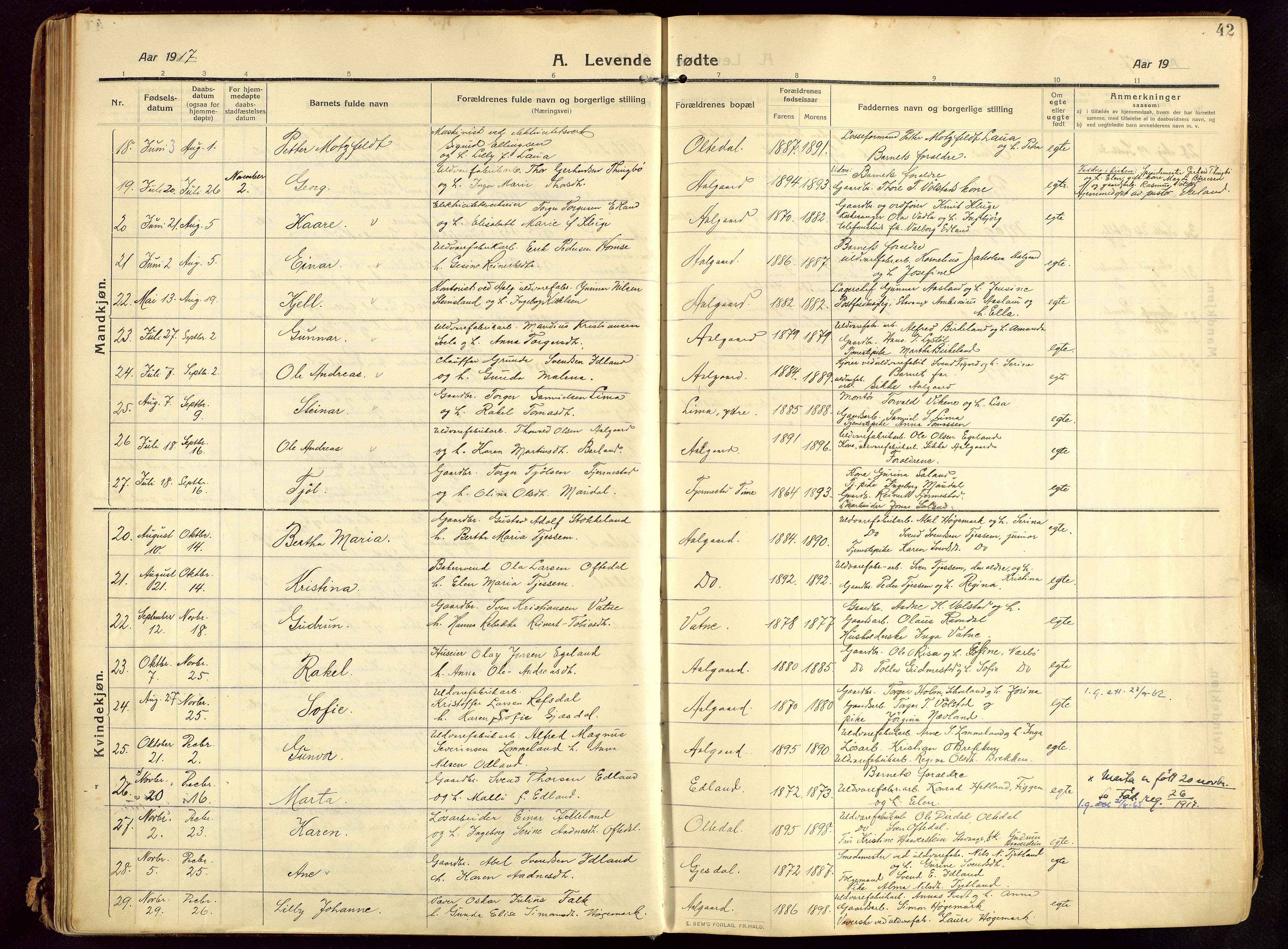 Lye sokneprestkontor, AV/SAST-A-101794/002/B/L0001: Parish register (official) no. A 13, 1910-1925, p. 42