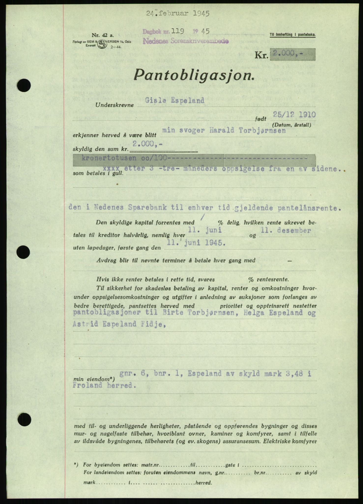 Nedenes sorenskriveri, SAK/1221-0006/G/Gb/Gbb/L0002: Mortgage book no. II, 1942-1945, Diary no: : 119/1945
