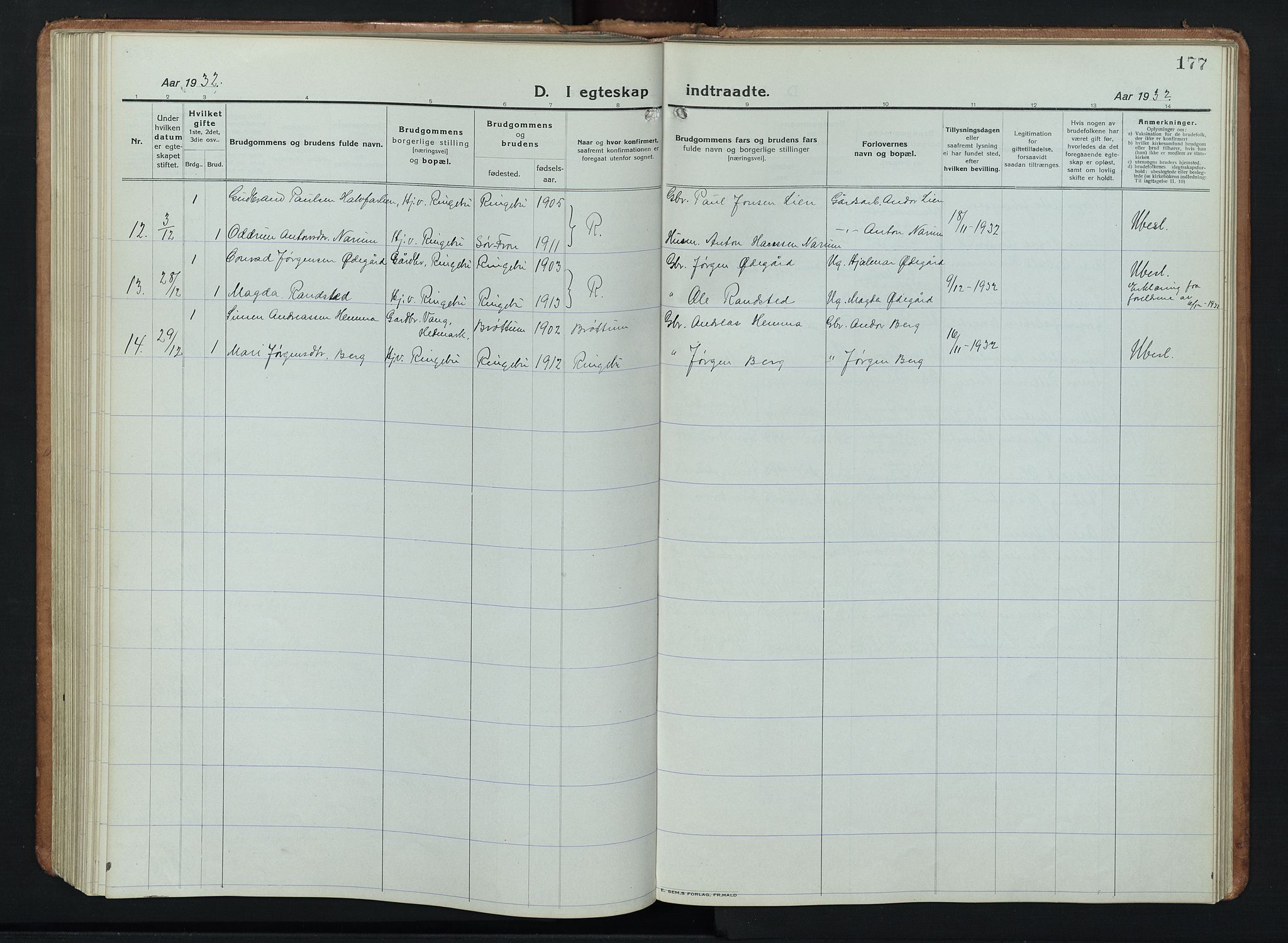 Ringebu prestekontor, AV/SAH-PREST-082/H/Ha/Hab/L0011: Parish register (copy) no. 11, 1921-1943, p. 177