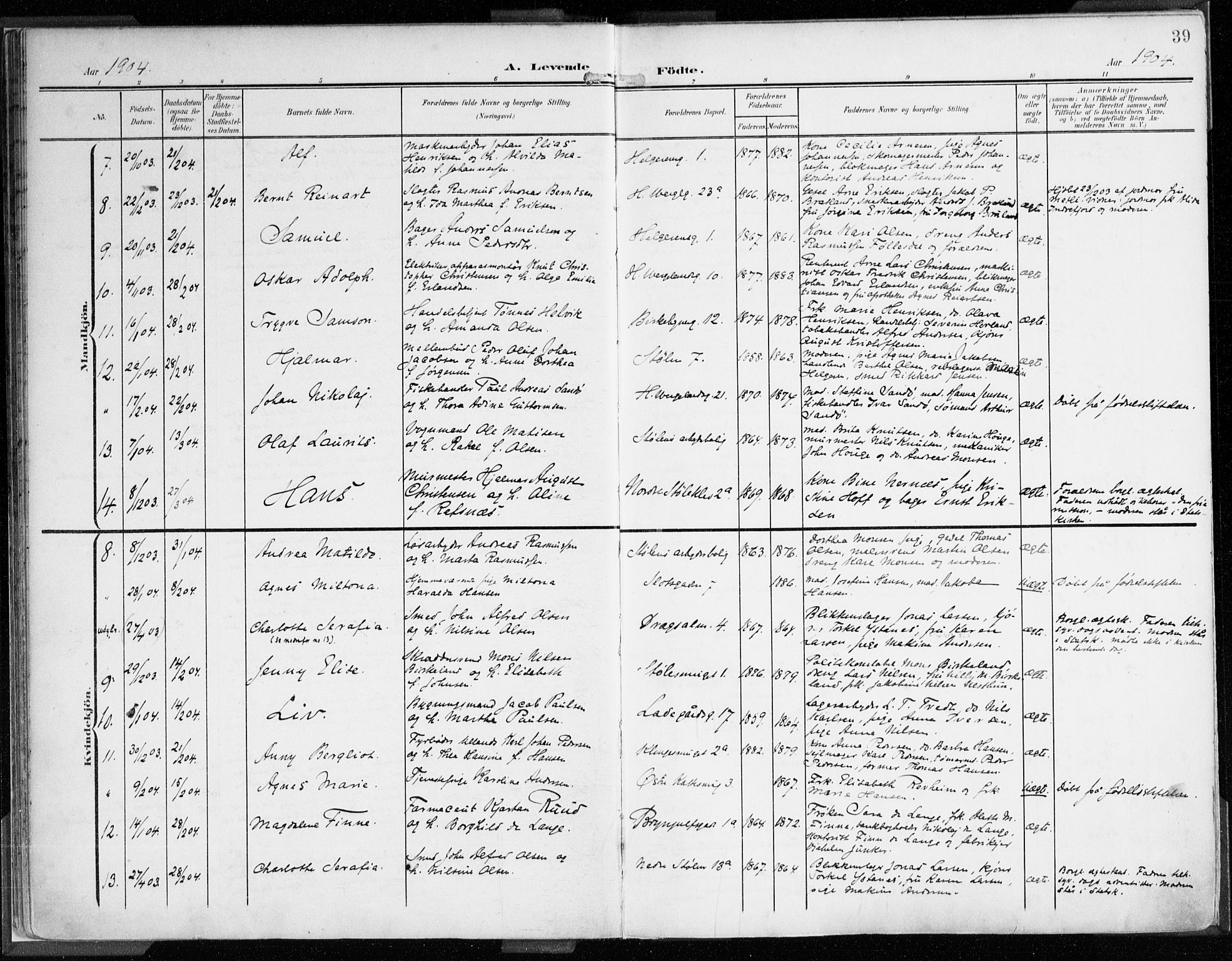 Mariakirken Sokneprestembete, SAB/A-76901/H/Haa/L0010: Parish register (official) no. B 1, 1901-1915, p. 39