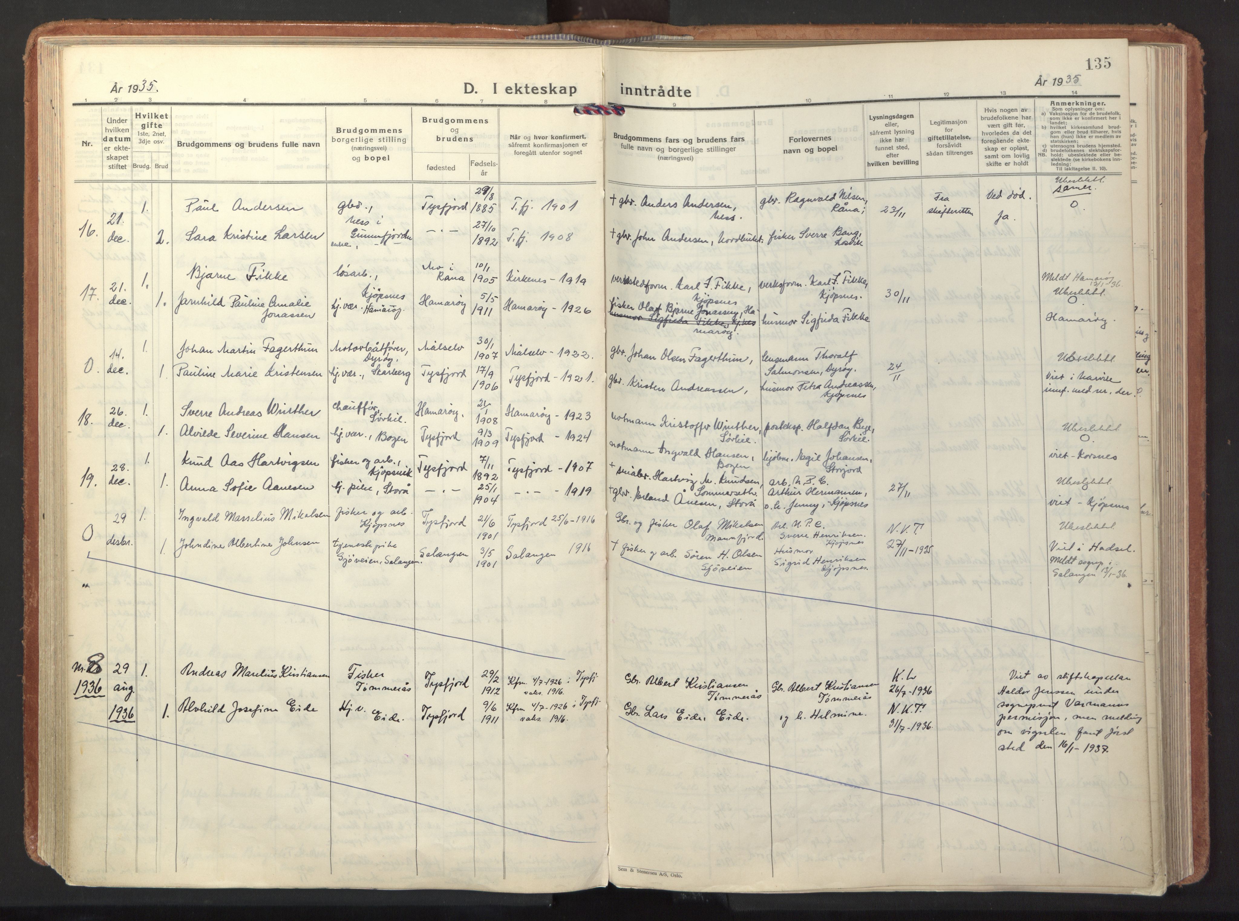 Ministerialprotokoller, klokkerbøker og fødselsregistre - Nordland, AV/SAT-A-1459/861/L0874: Parish register (official) no. 861A09, 1932-1939, p. 135