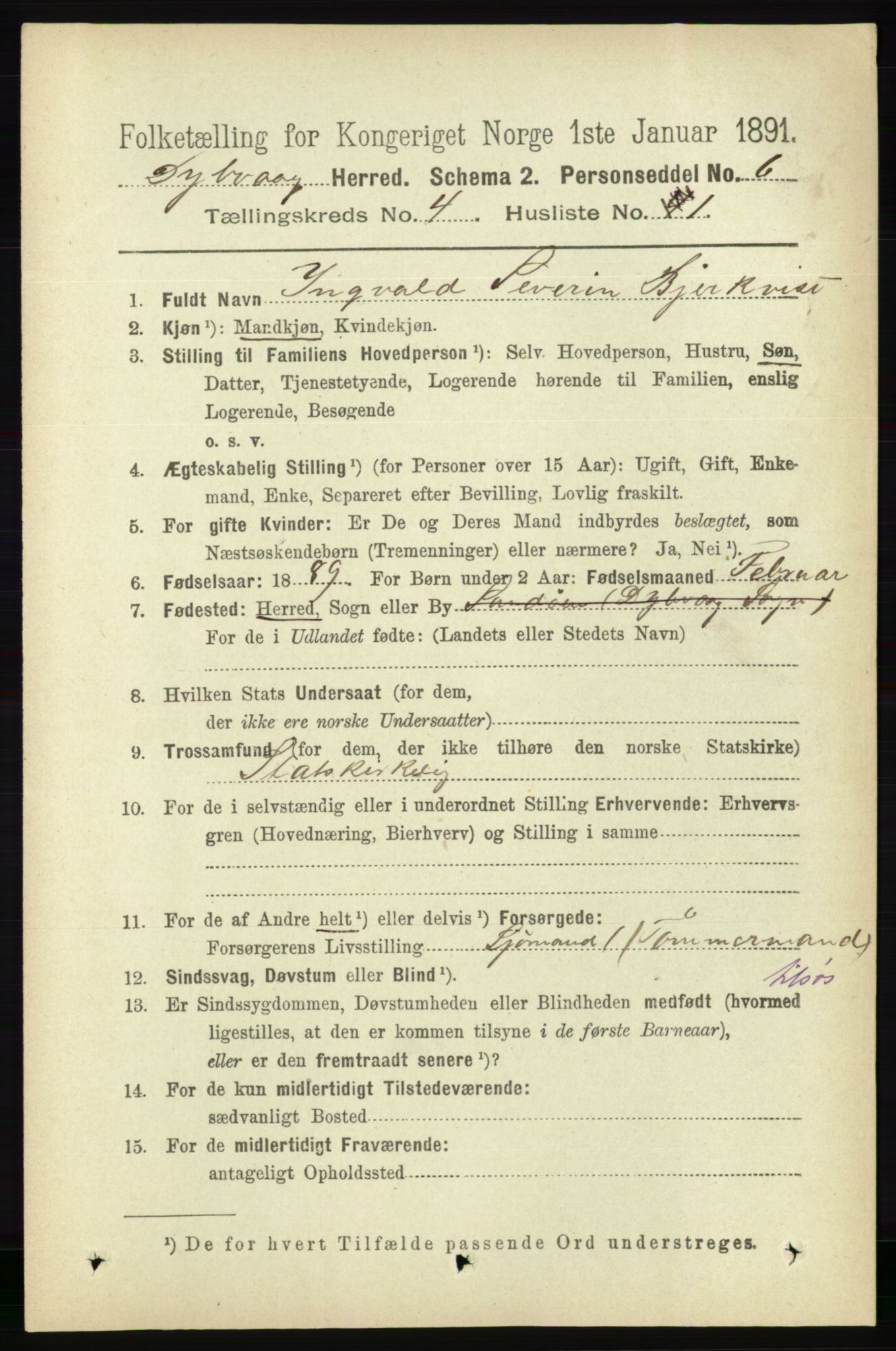 RA, 1891 census for 0915 Dypvåg, 1891, p. 1019