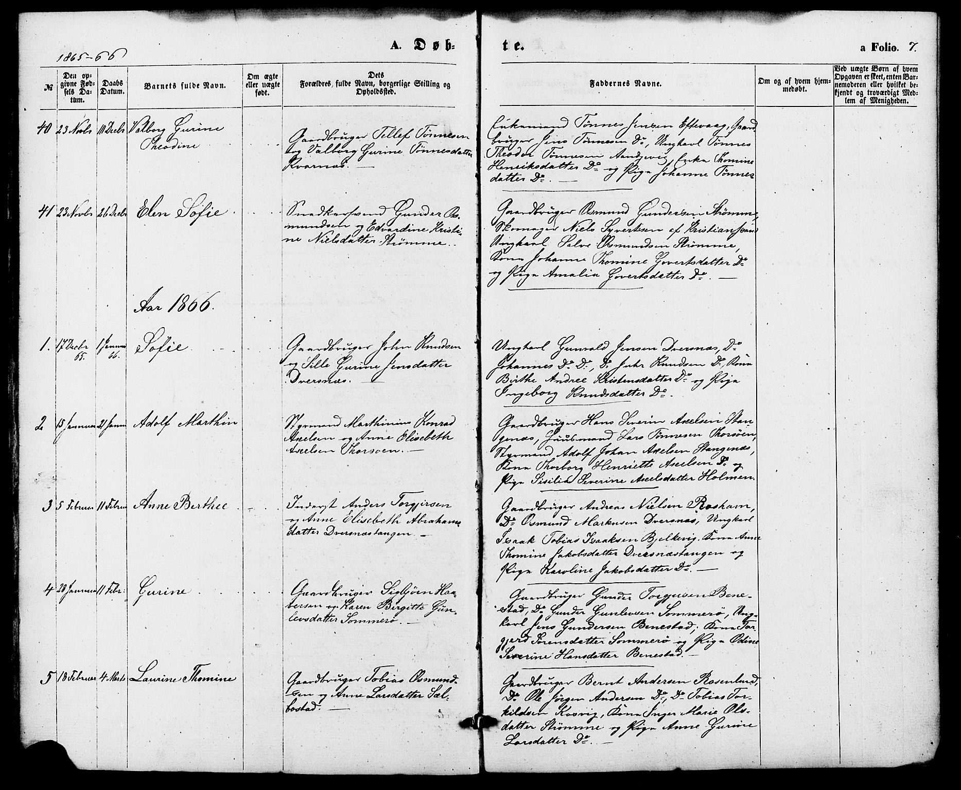 Oddernes sokneprestkontor, SAK/1111-0033/F/Fa/Fab/L0001: Parish register (official) no. A 1, 1865-1884, p. 7