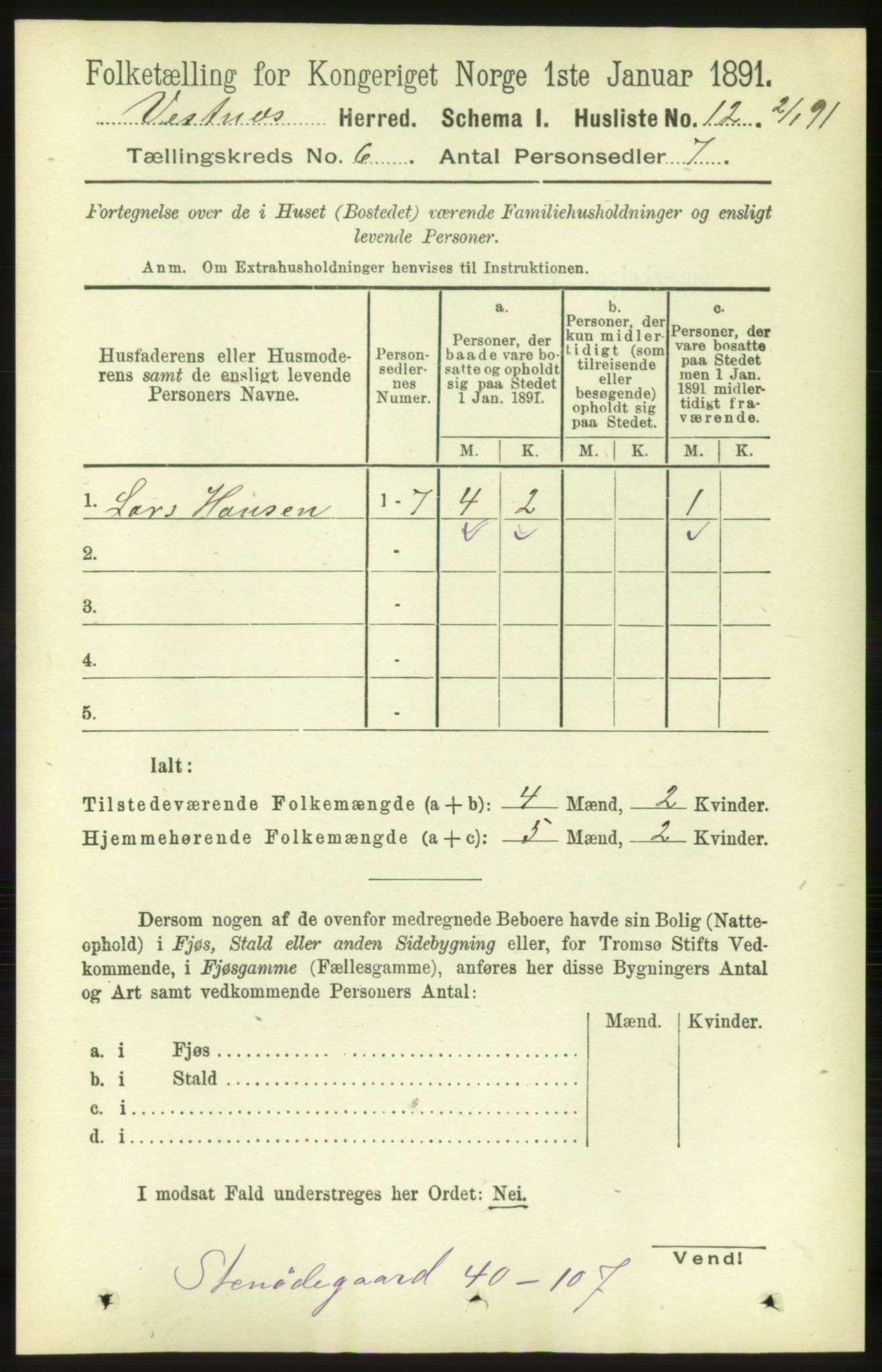 RA, 1891 census for 1535 Vestnes, 1891, p. 2132