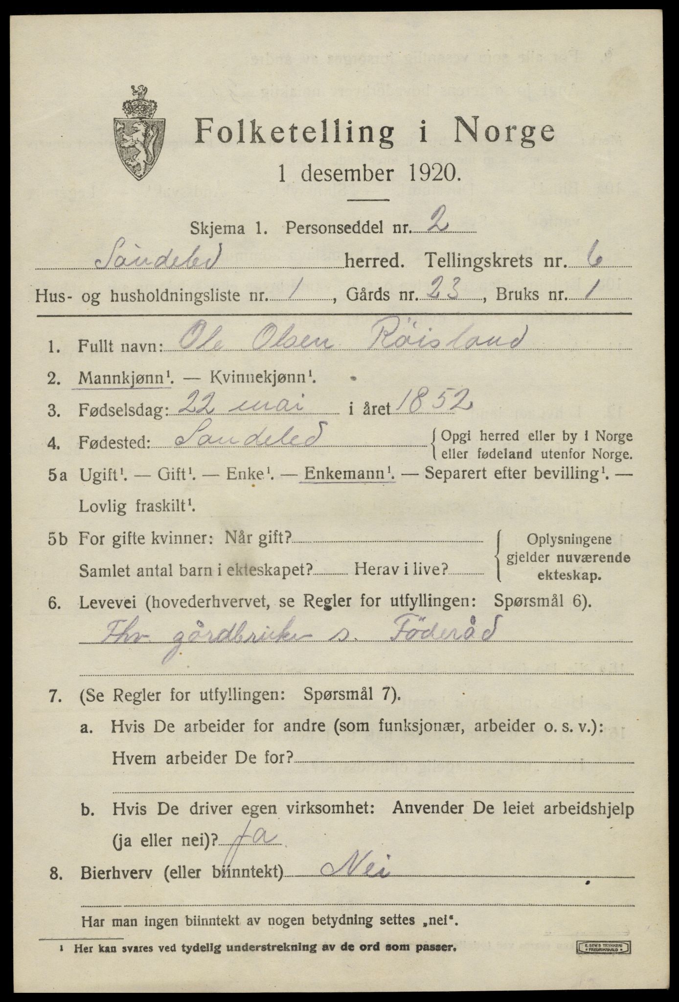 SAK, 1920 census for Søndeled, 1920, p. 3697