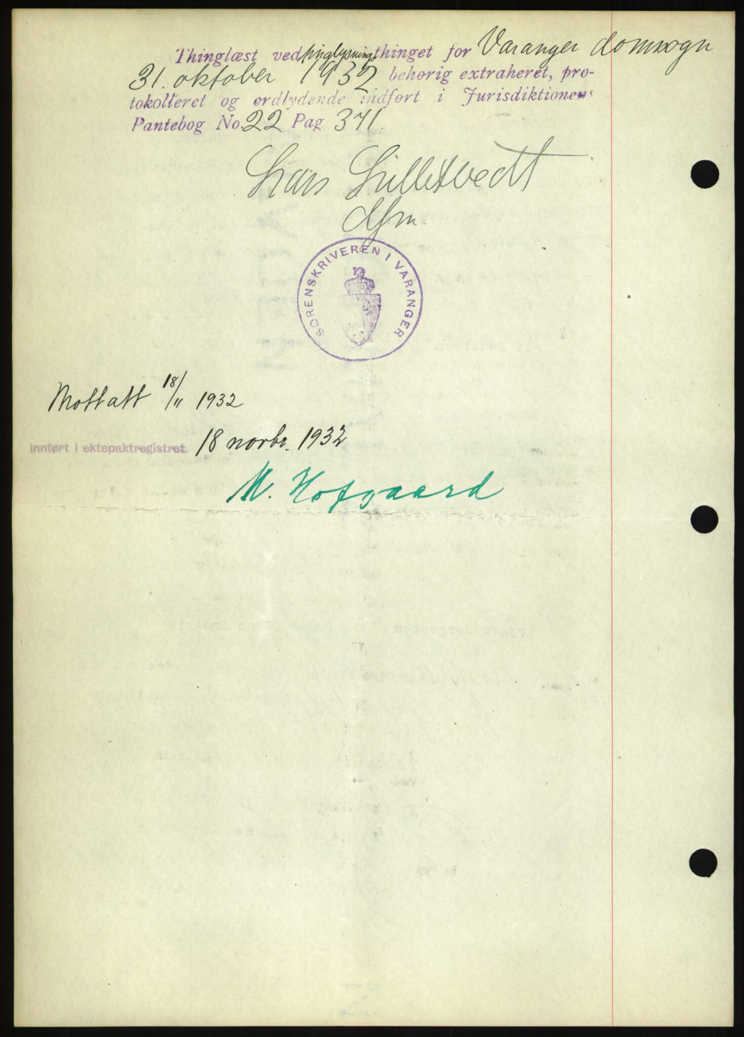 Oslo byskriverembete, AV/SAO-A-10227/2/G/Gb/L0072: Tinglyste ektepakter, Finnmark, bind 1, 1928-1950