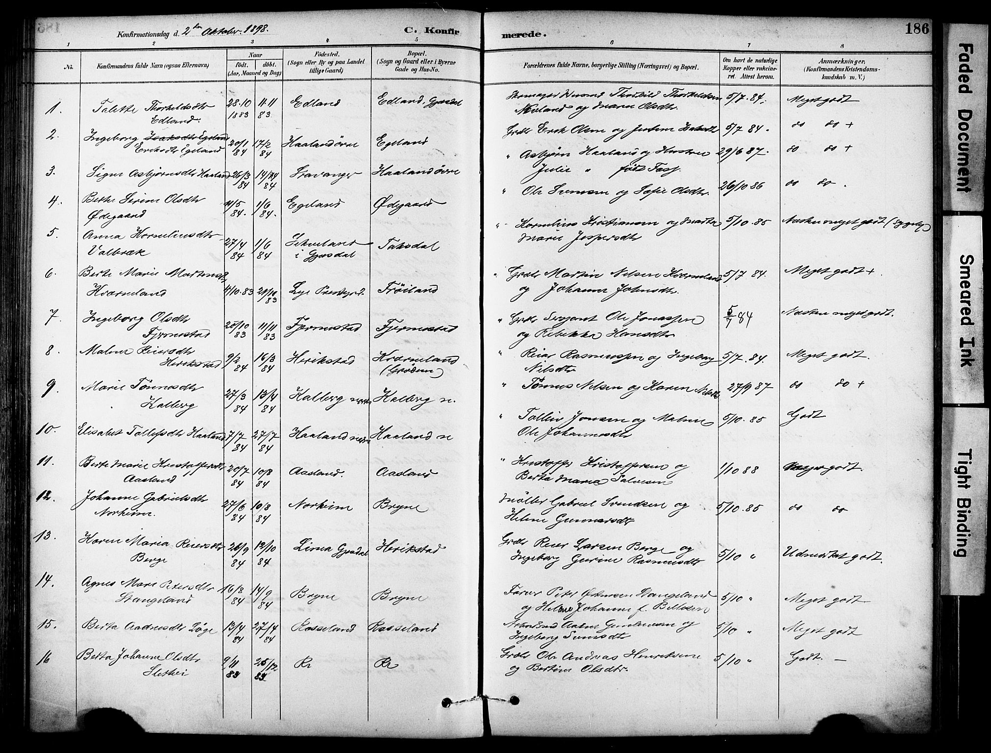 Lye sokneprestkontor, AV/SAST-A-101794/001/30BA/L0011: Parish register (official) no. A 9, 1893-1903, p. 186