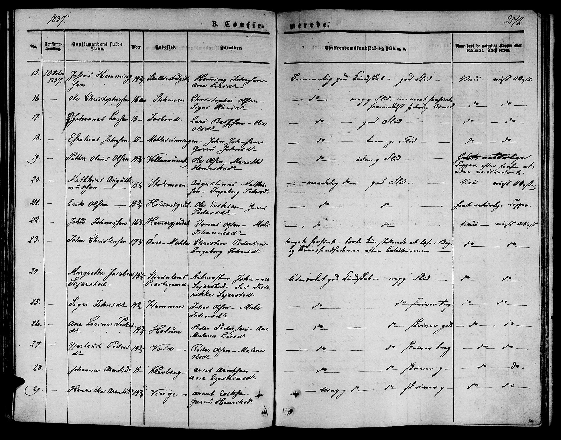 Ministerialprotokoller, klokkerbøker og fødselsregistre - Nord-Trøndelag, AV/SAT-A-1458/709/L0071: Parish register (official) no. 709A11, 1833-1844, p. 272