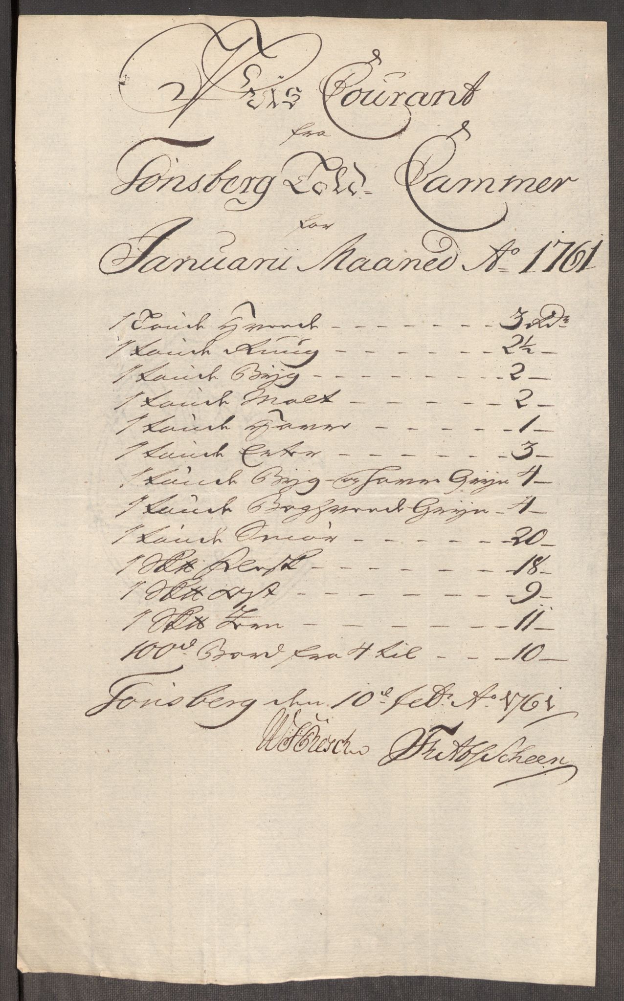 Rentekammeret inntil 1814, Realistisk ordnet avdeling, AV/RA-EA-4070/Oe/L0007: [Ø1]: Priskuranter, 1761-1763, p. 146