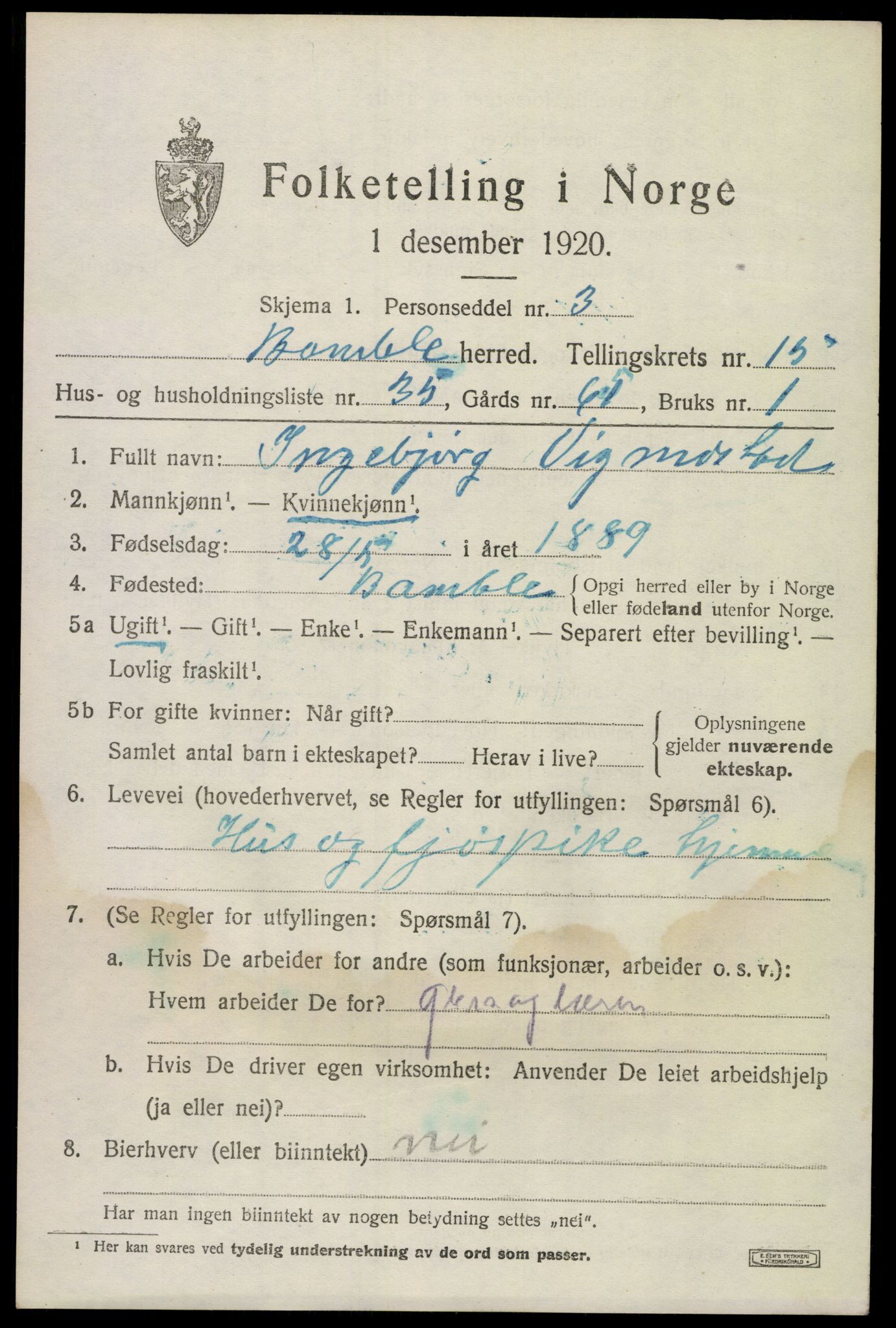 SAKO, 1920 census for Bamble, 1920, p. 11115