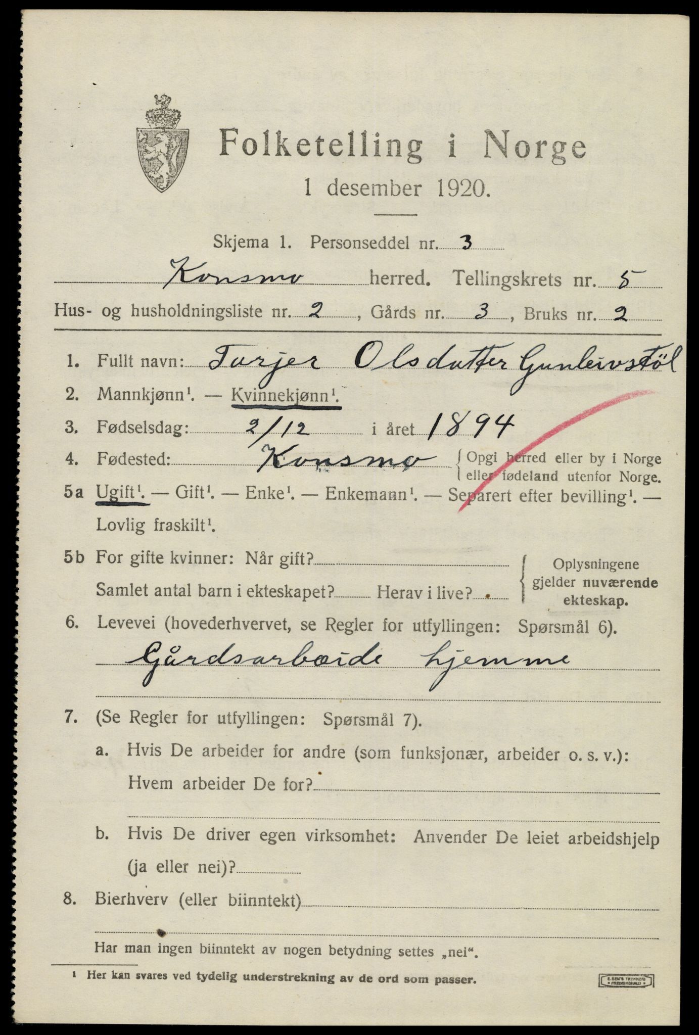 SAK, 1920 census for Konsmo, 1920, p. 1284