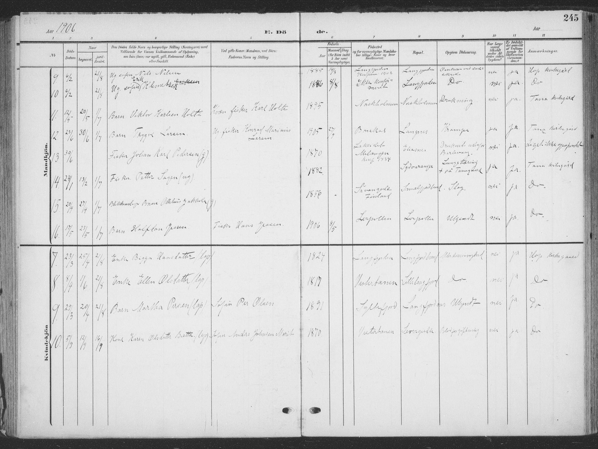 Tana sokneprestkontor, SATØ/S-1334/H/Ha/L0007kirke: Parish register (official) no. 7, 1904-1918, p. 245