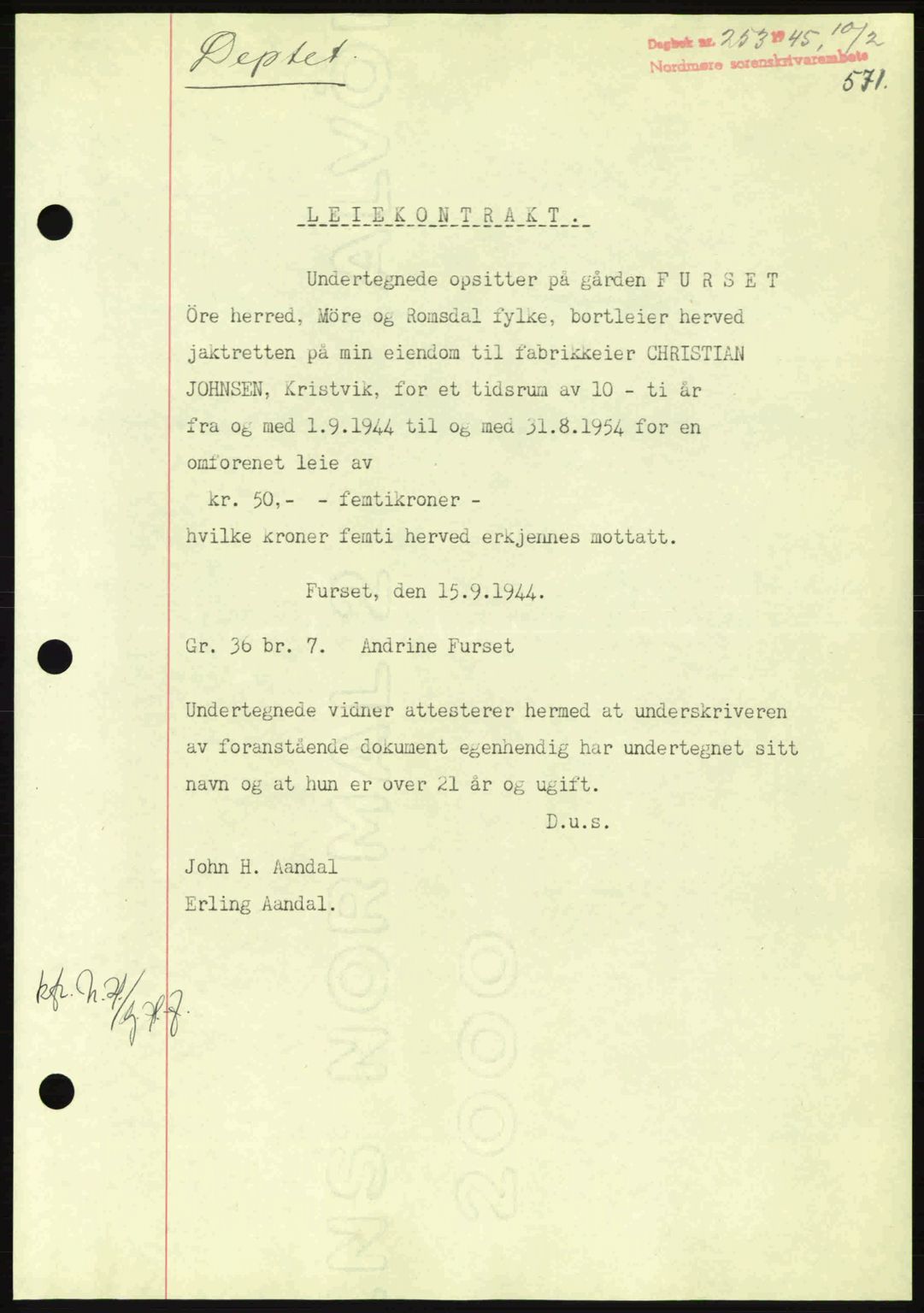 Nordmøre sorenskriveri, AV/SAT-A-4132/1/2/2Ca: Mortgage book no. B92, 1944-1945, Diary no: : 253/1945