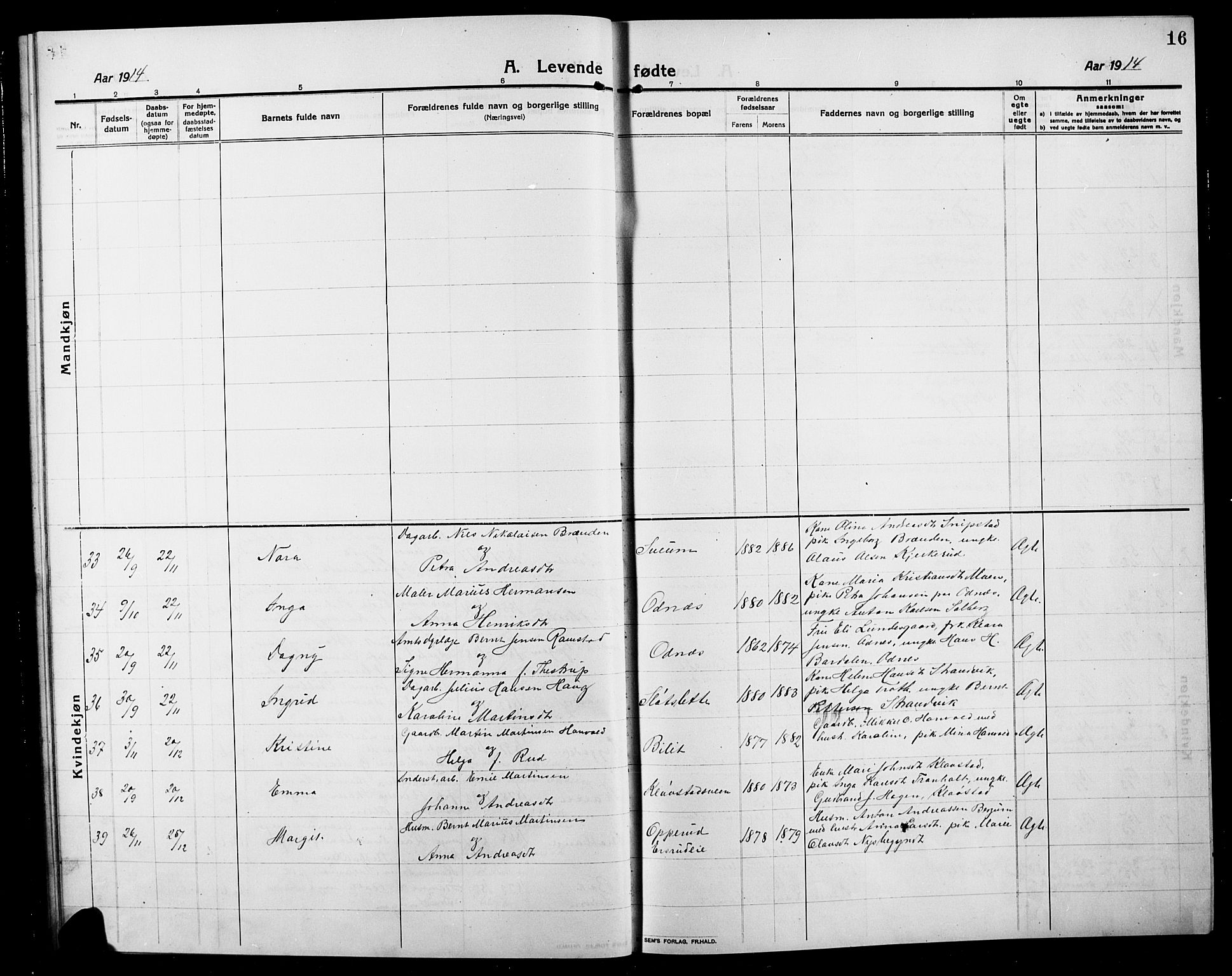 Søndre Land prestekontor, SAH/PREST-122/L/L0006: Parish register (copy) no. 6, 1912-1925, p. 16