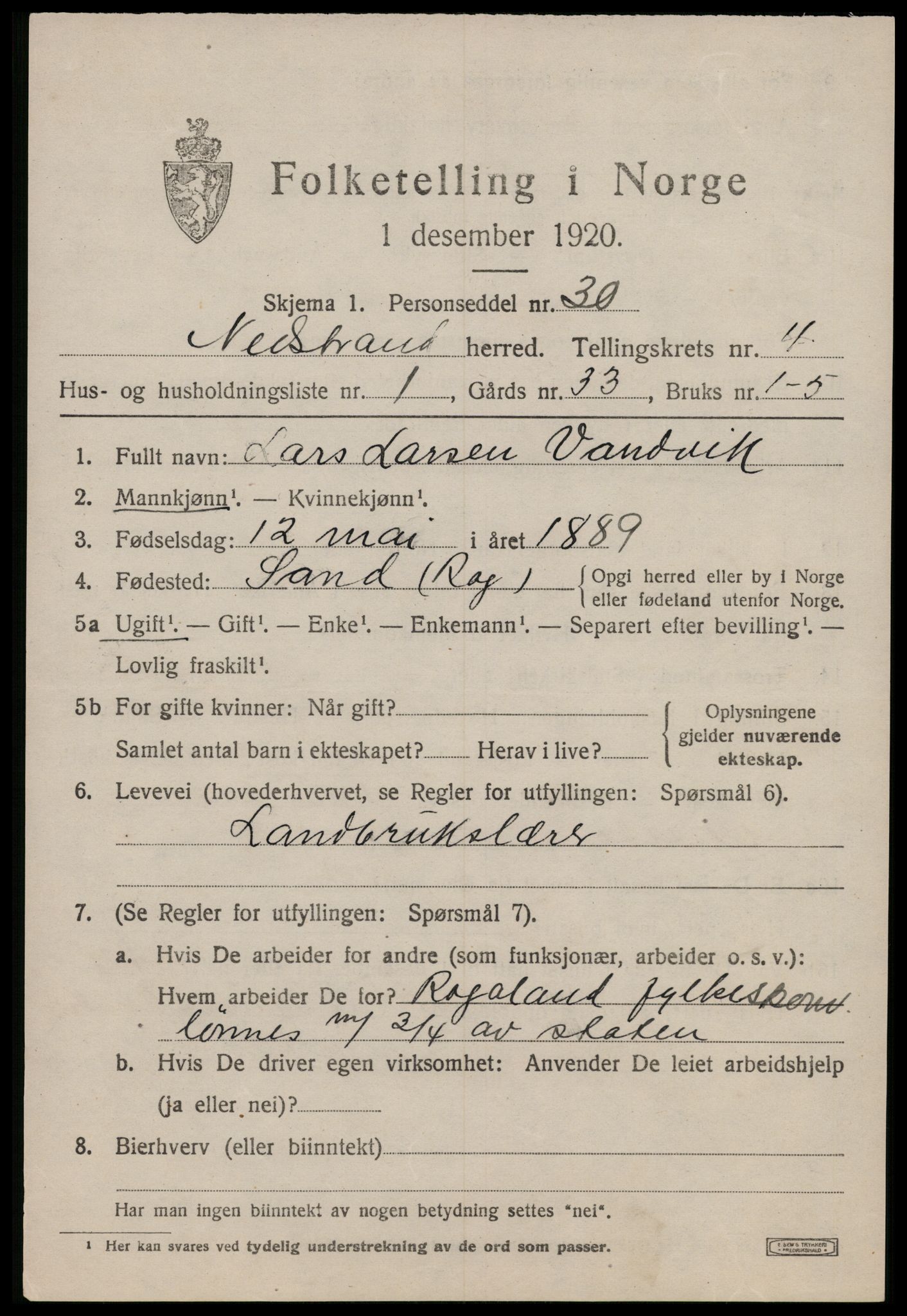 SAST, 1920 census for Nedstrand, 1920, p. 1787