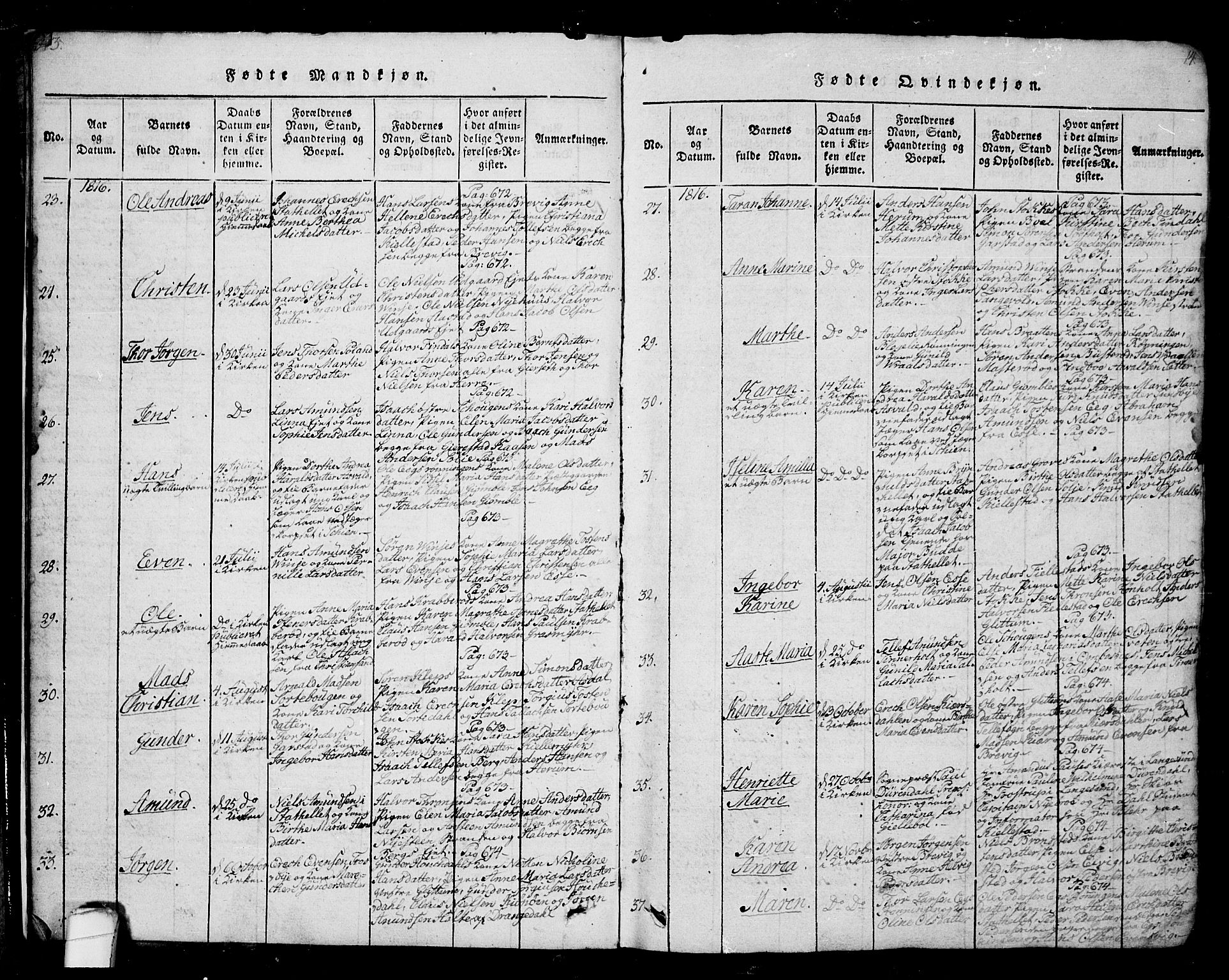 Bamble kirkebøker, AV/SAKO-A-253/G/Ga/L0005: Parish register (copy) no. I 5, 1814-1855, p. 13-14