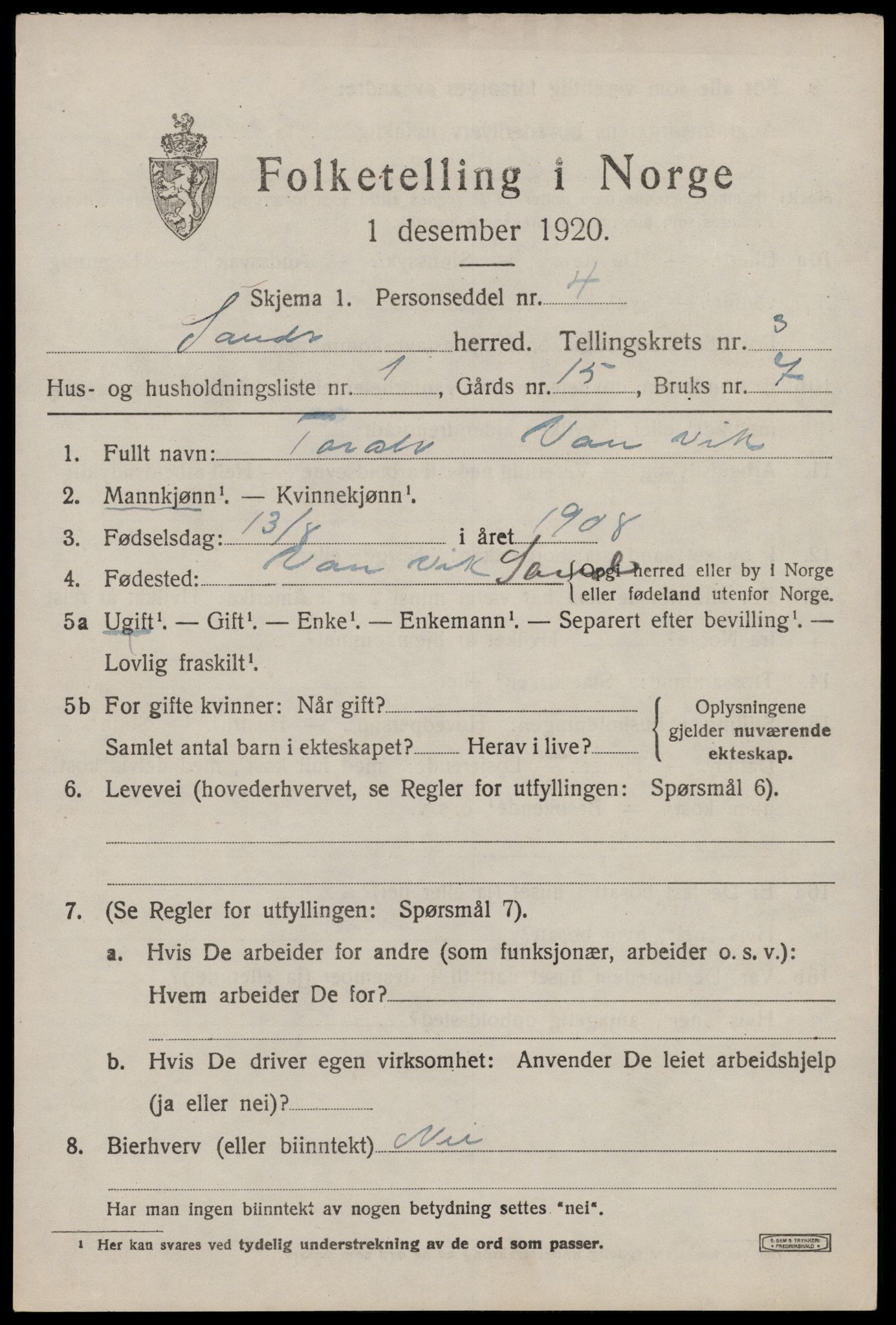 SAST, 1920 census for Sand, 1920, p. 1061