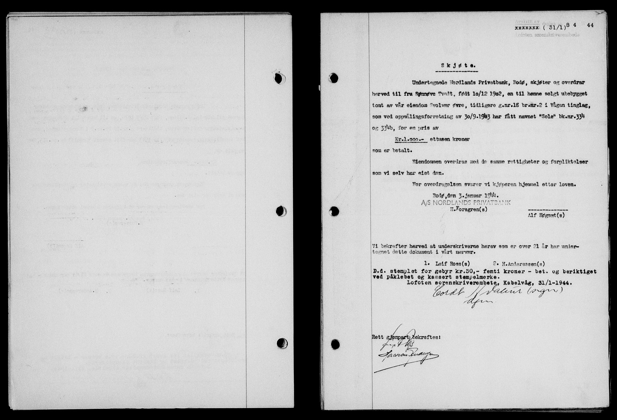 Lofoten sorenskriveri, SAT/A-0017/1/2/2C/L0012a: Mortgage book no. 12a, 1943-1944, Diary no: : 84/1944