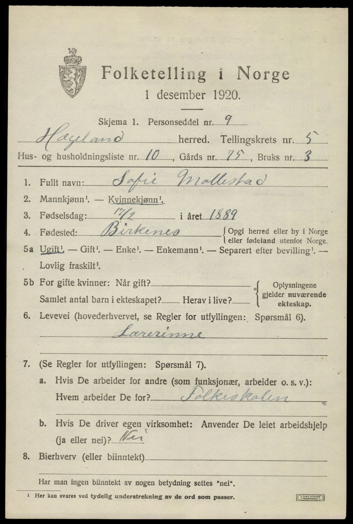 SAK, 1920 census for Hægeland, 1920, p. 2099