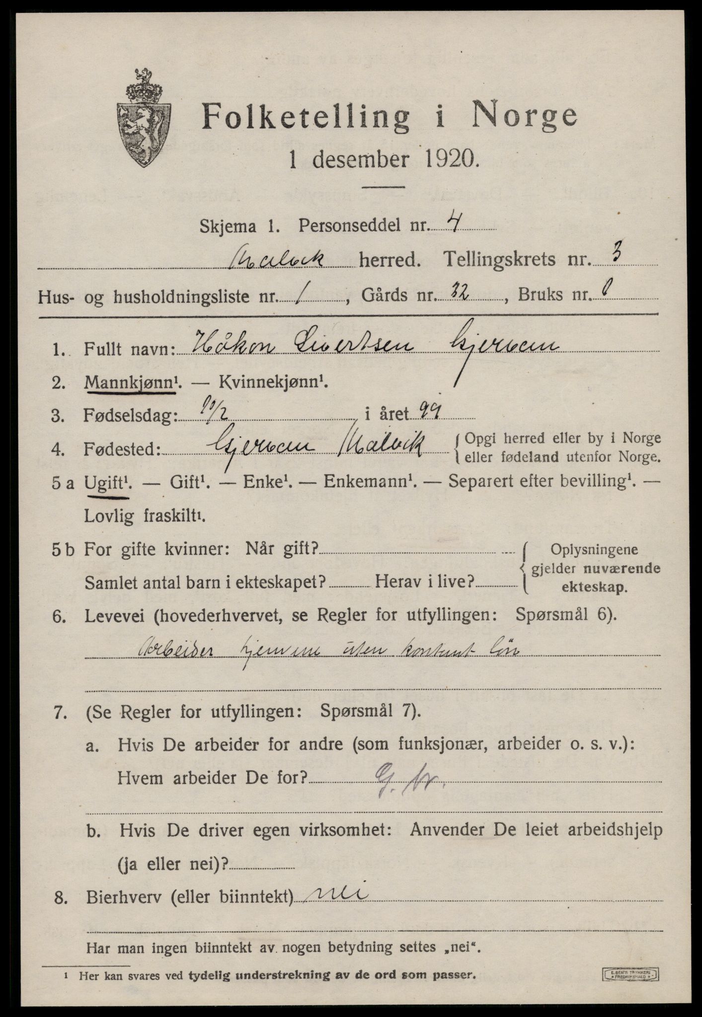 SAT, 1920 census for Malvik, 1920, p. 2278