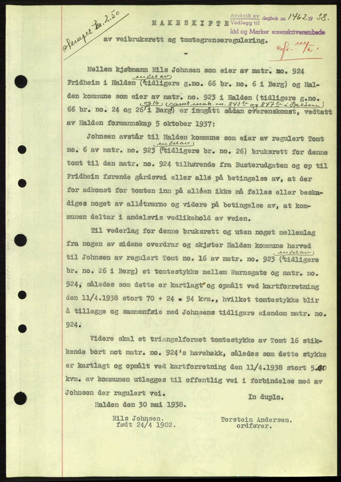 Idd og Marker sorenskriveri, AV/SAO-A-10283/G/Gb/Gbb/L0003: Mortgage book no. A3, 1938-1939, Diary no: : 1462/1938