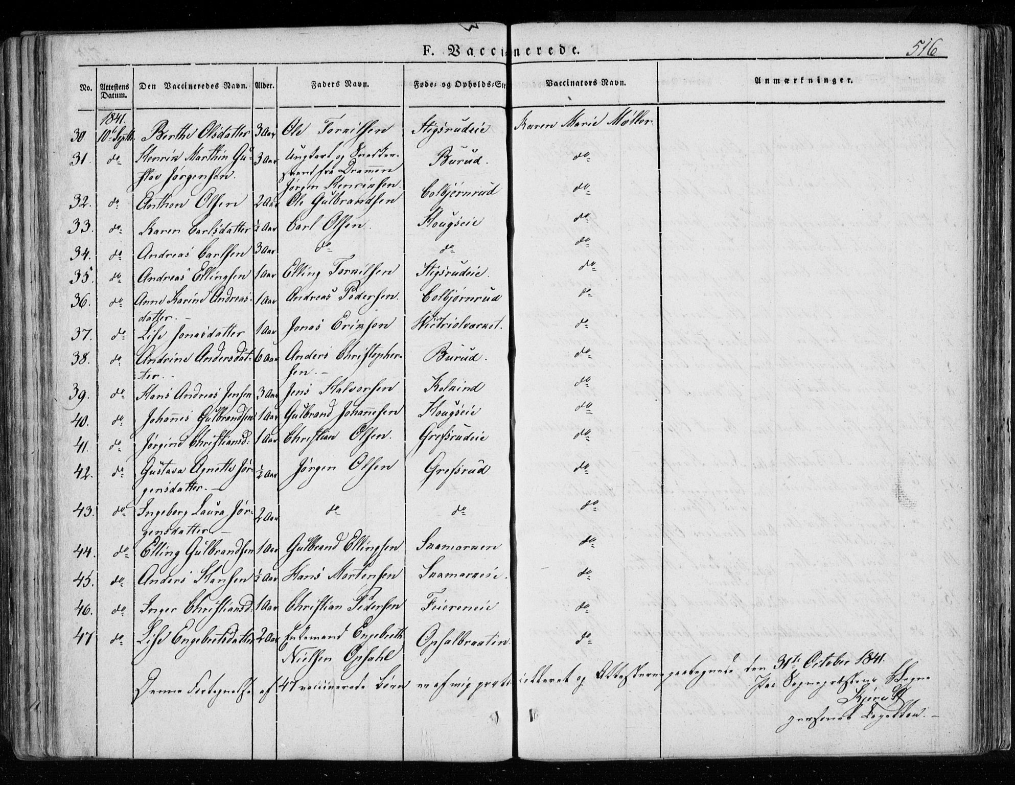 Hole kirkebøker, SAKO/A-228/F/Fa/L0005: Parish register (official) no. I 5, 1833-1851, p. 516