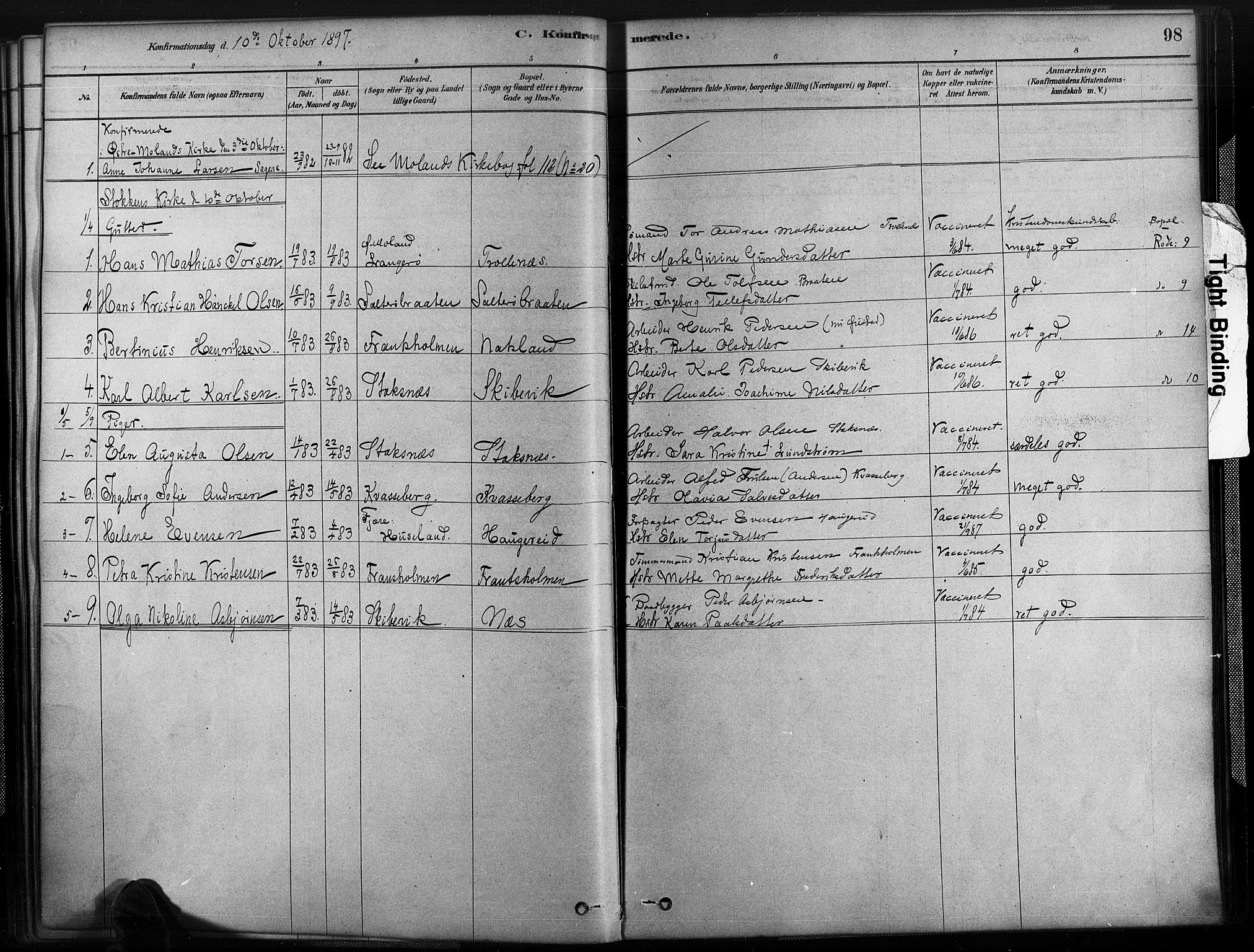 Austre Moland sokneprestkontor, SAK/1111-0001/F/Fa/Fab/L0001: Parish register (official) no. A 1, 1878-1898, p. 98