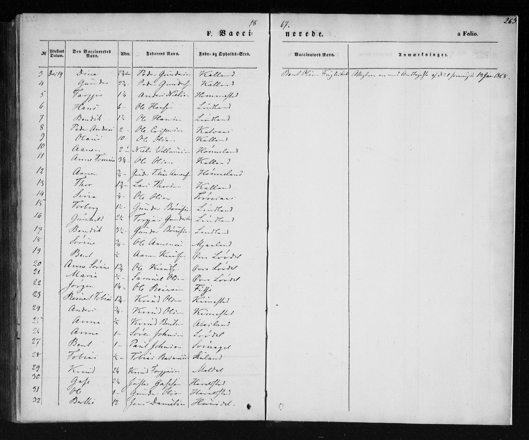 Holum sokneprestkontor, AV/SAK-1111-0022/F/Fa/Fab/L0005: Parish register (official) no. A 5, 1847-1874, p. 263