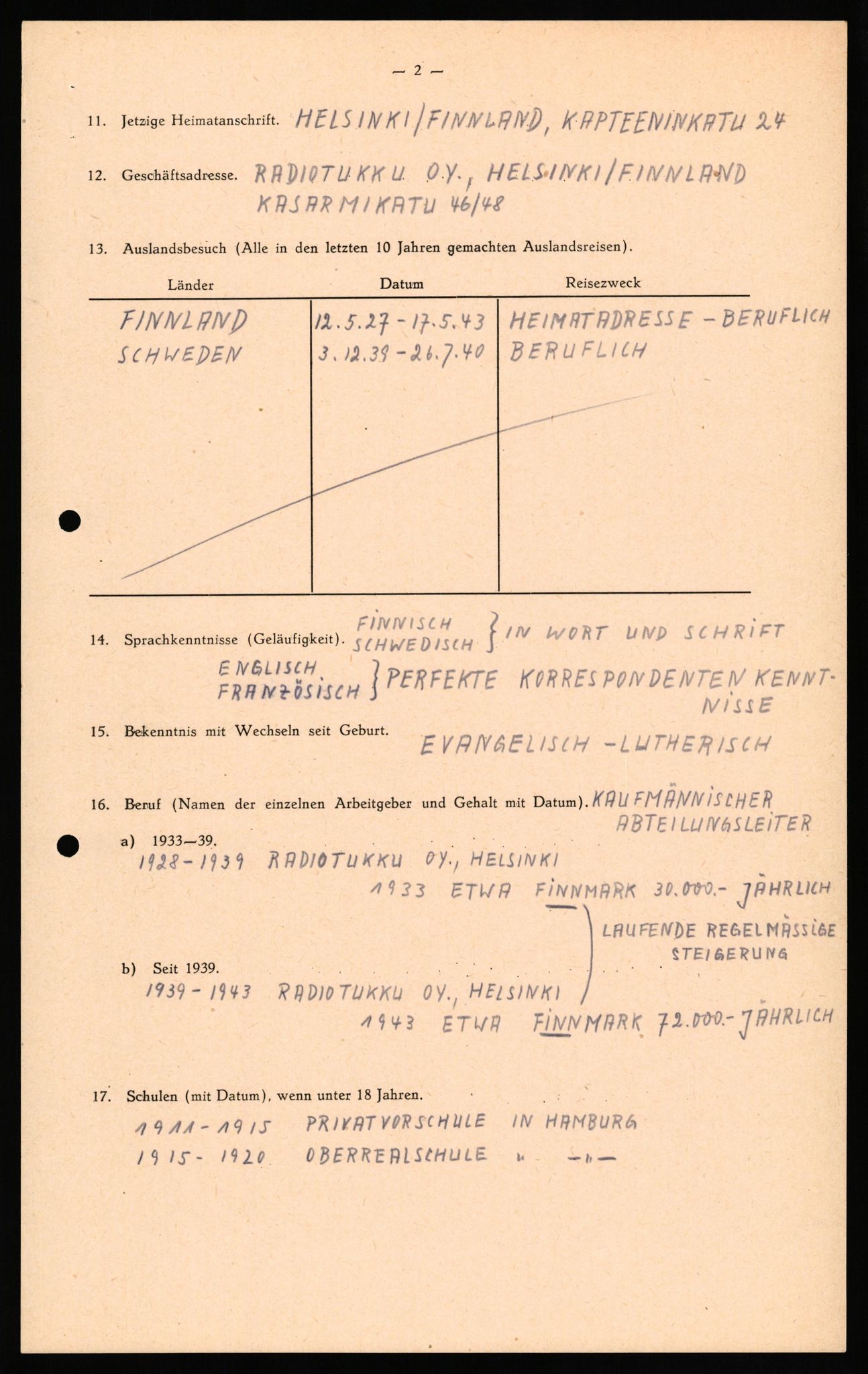 Forsvaret, Forsvarets overkommando II, RA/RAFA-3915/D/Db/L0033: CI Questionaires. Tyske okkupasjonsstyrker i Norge. Tyskere., 1945-1946, p. 96