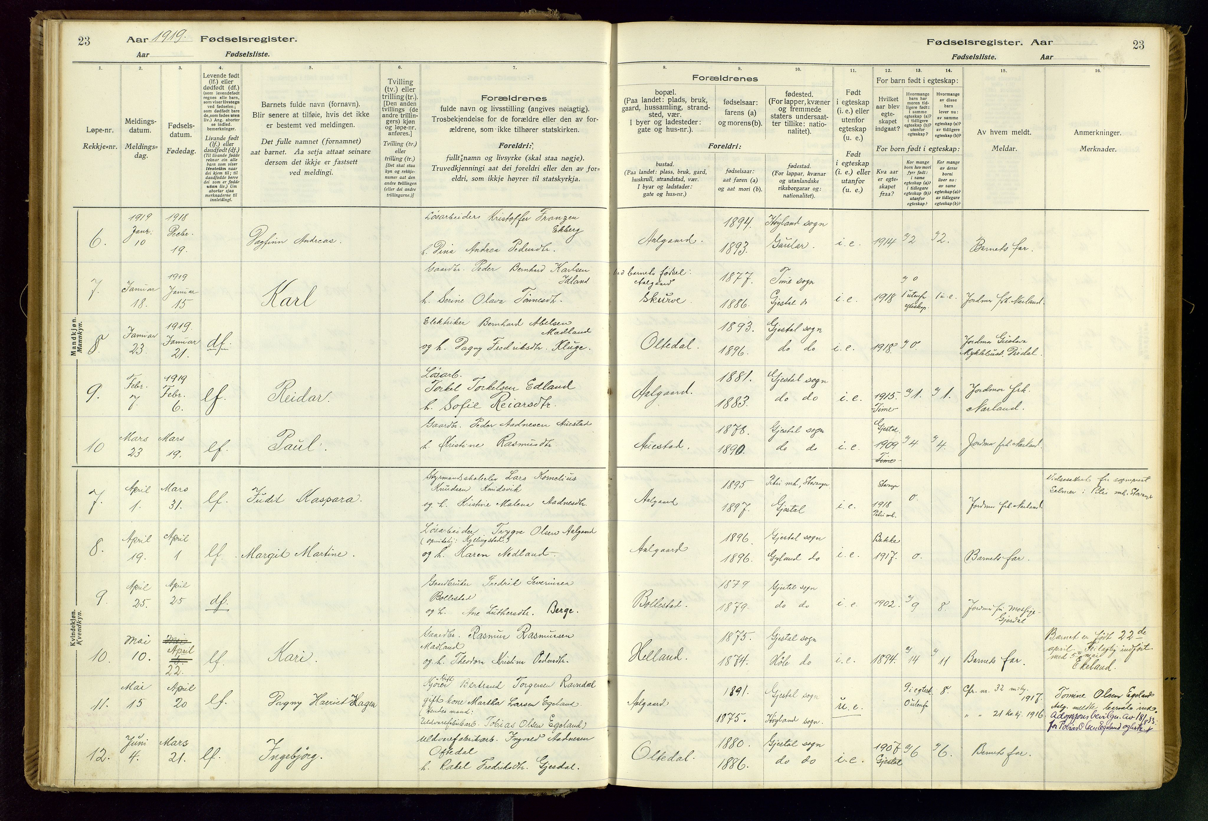 Gjesdal sokneprestkontor, SAST/A-101796/002/O/L0001: Birth register no. 1, 1916-1949, p. 23