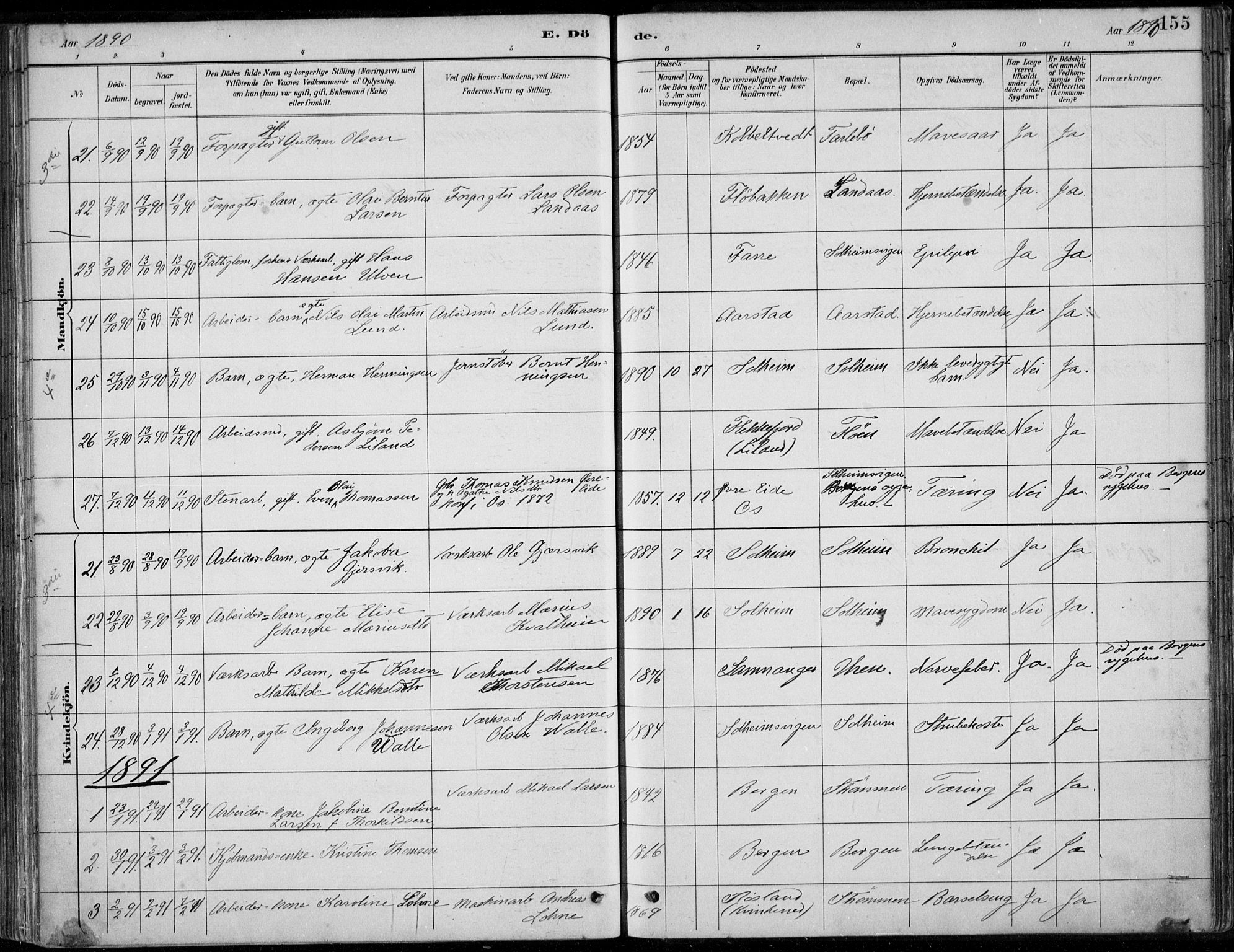 Årstad Sokneprestembete, AV/SAB-A-79301/H/Haa/L0006: Parish register (official) no. B 1, 1886-1901, p. 155