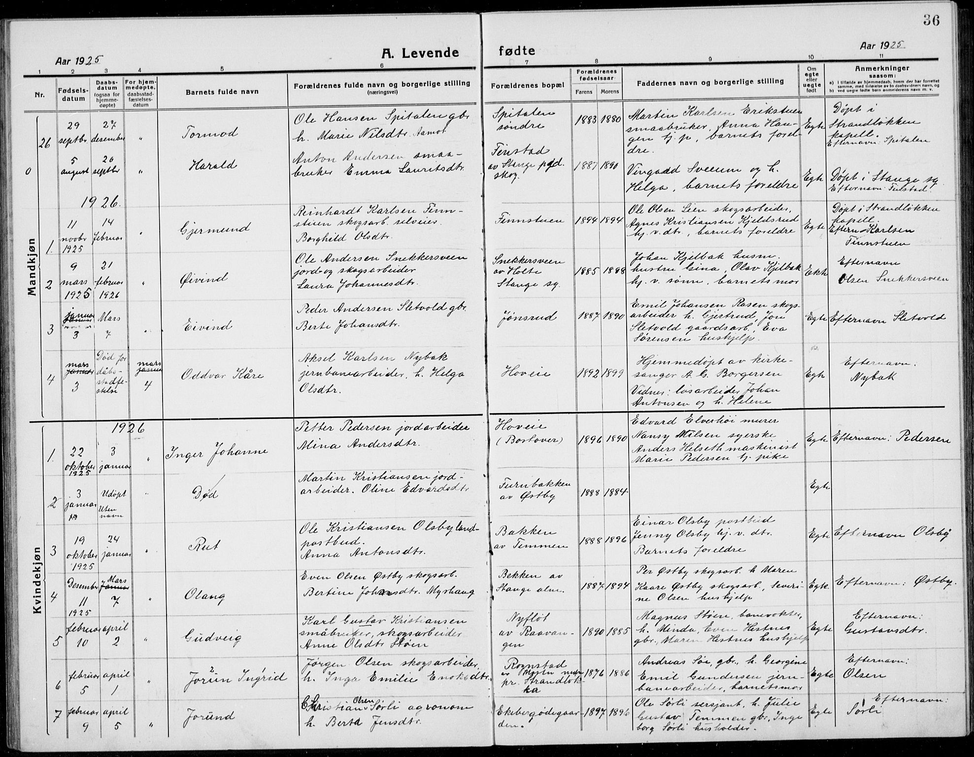 Stange prestekontor, SAH/PREST-002/L/L0017: Parish register (copy) no. 17, 1918-1936, p. 36