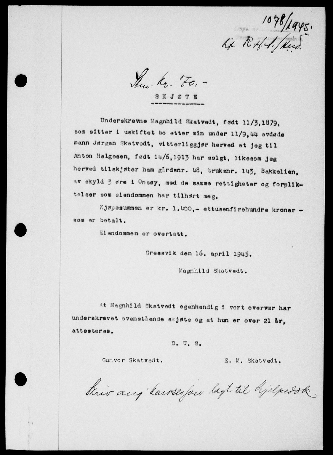 Onsøy sorenskriveri, SAO/A-10474/G/Ga/Gab/L0014: Mortgage book no. II A-14, 1944-1945, Diary no: : 1078/1945