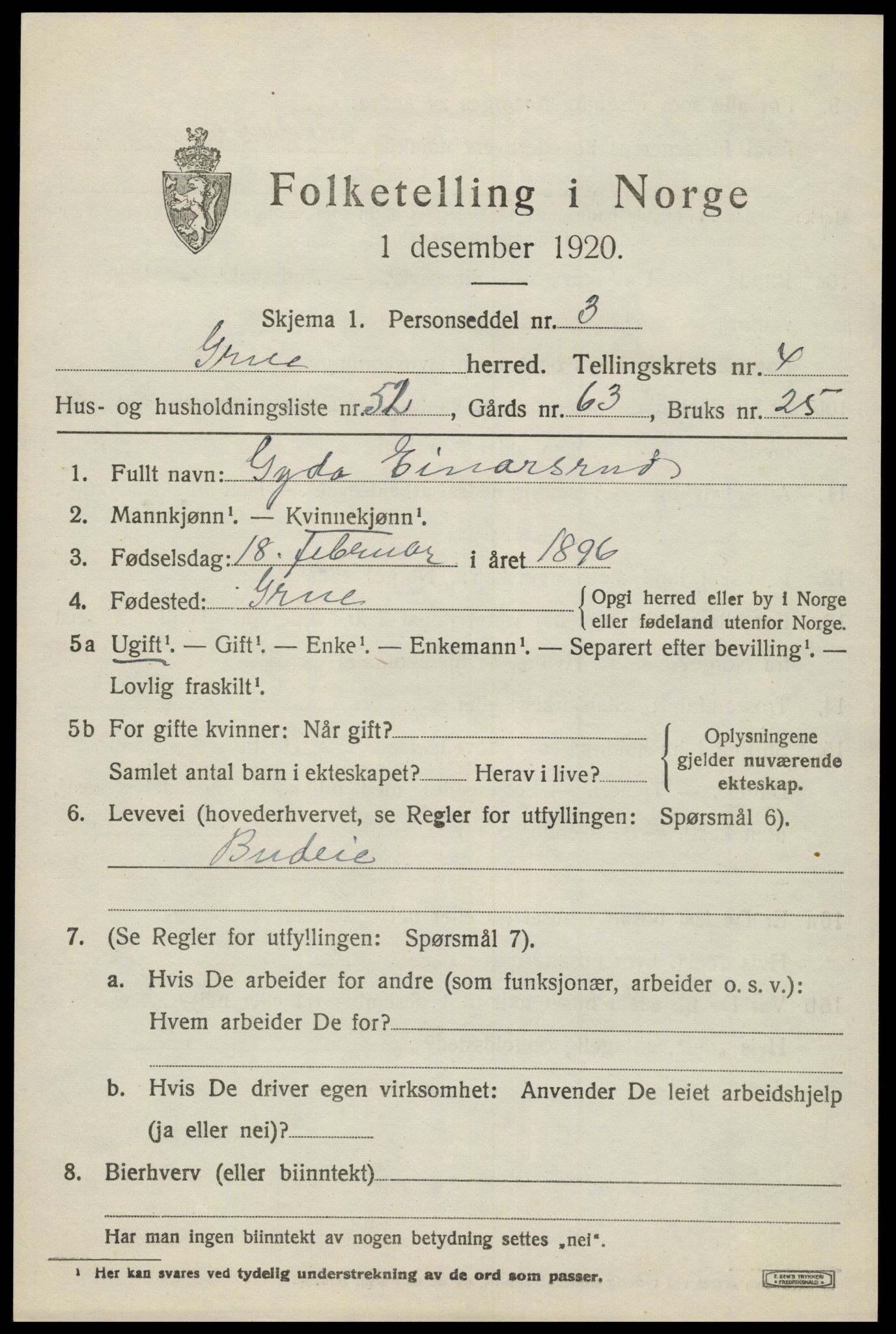 SAH, 1920 census for Grue, 1920, p. 4901